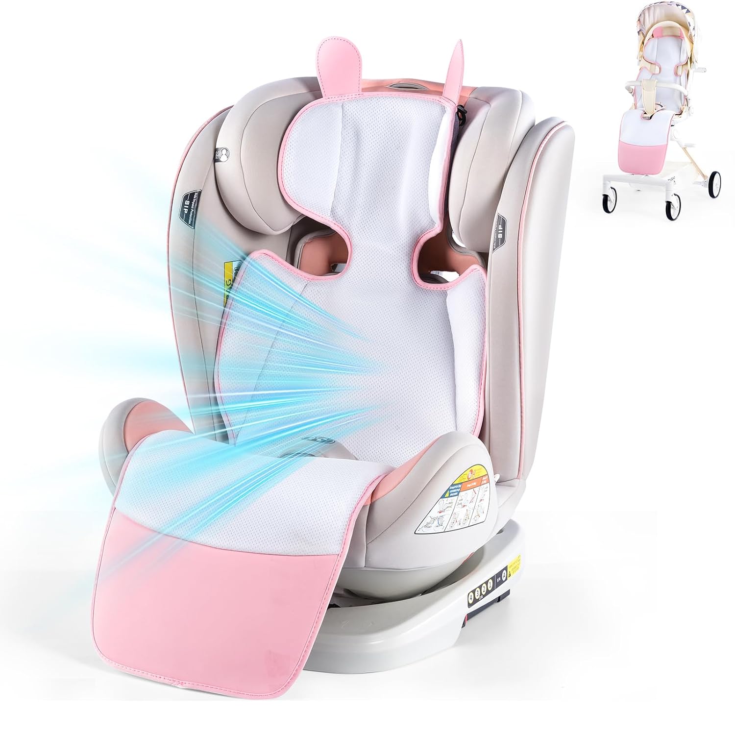 Baby Stroller Cooling Pad with Fan, Blow & Suction 2-in-1 Carseat Cooling Mat, Washable 3D Breathable Liner, 2 Built-in Blowers 3 Speeds Rechargeable, for Toddler Baby Summer Essentials（Pink）