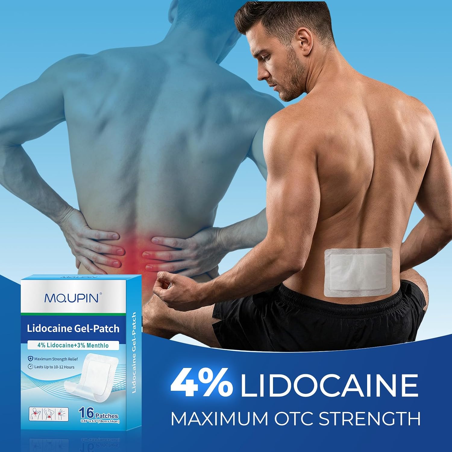 16Pcs Lidocaine Patches, 4% Lidocaine & 3% Menthol - Maximum Strength, Waterproof Patch with Auxiliary Adhesive Layer (12 Non-Woven + 4 PU Film) for Back, Neck, Shoulder, Joint & Muscle Discomfort