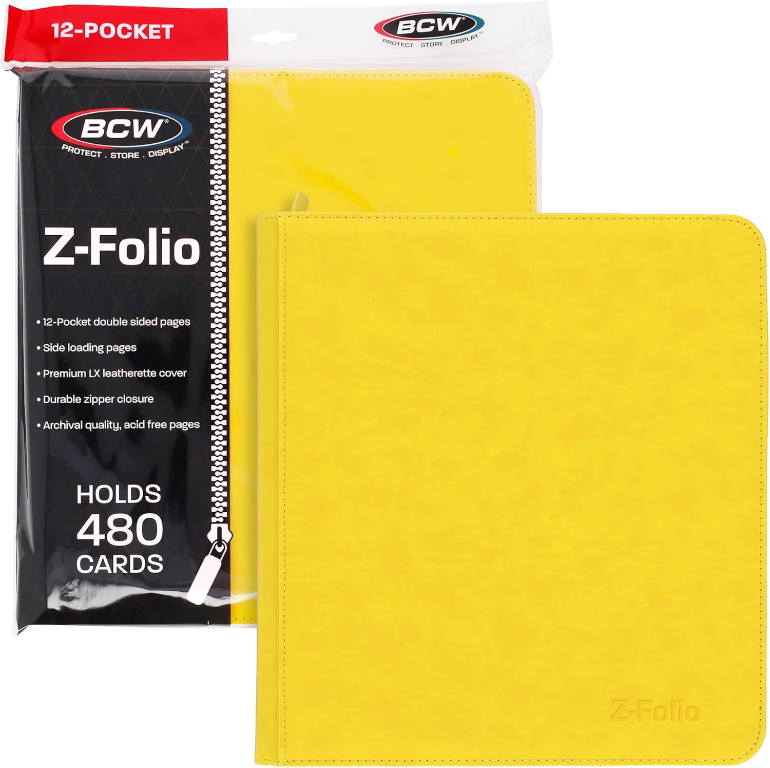 BCW Z-Folio LX Zipper Portfolio - Premium Yellow Leatherette 12-Pocket Playset Album - Secure Zipper - 480 Card Capacity - Card Collector's Dream - Card Organizer - Trading Card Storage