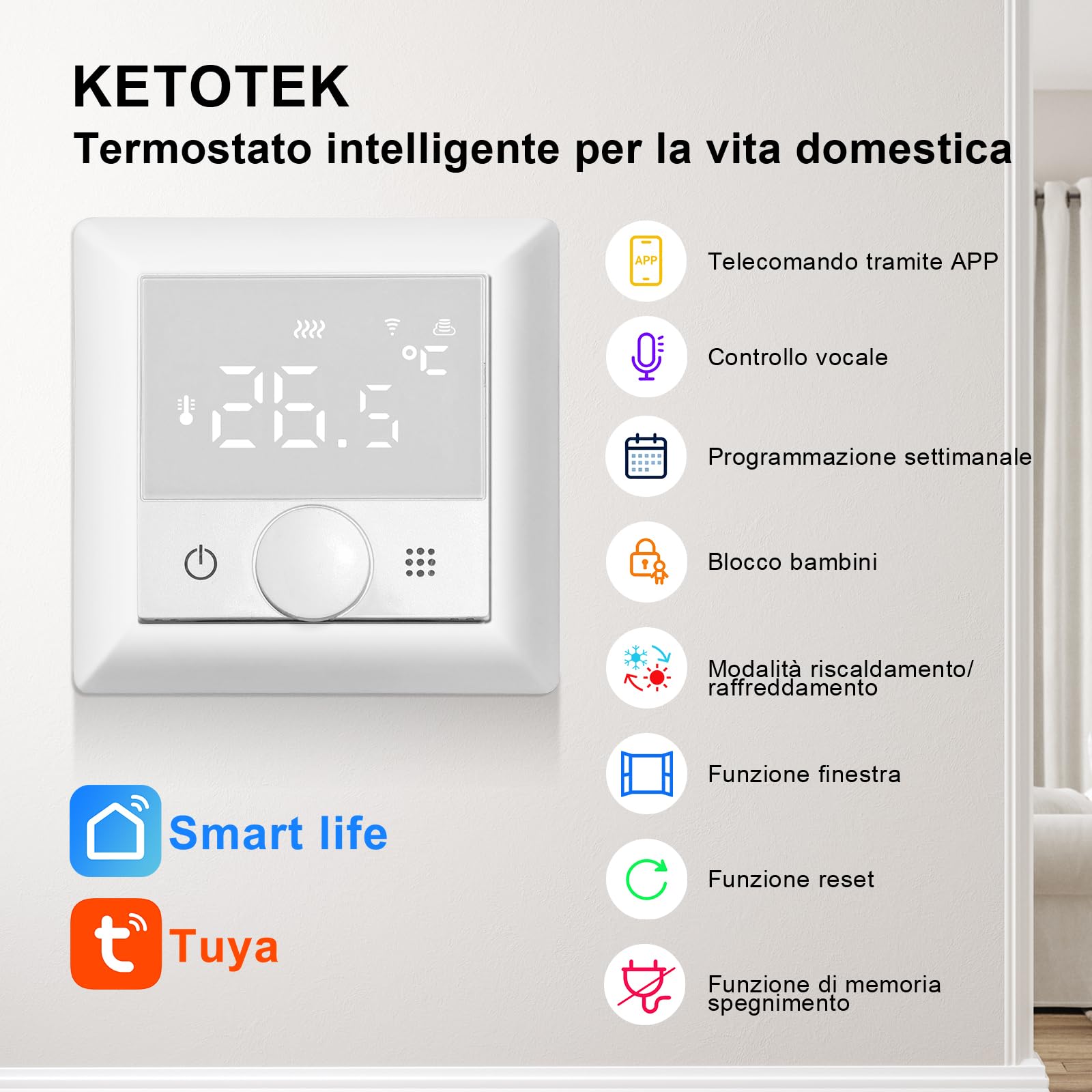 KETOTEK Termostato Digitale Smart per Riscaldamento a Pavimento Elettrico, Cronotermostato WiFi Programmabile 16A, Termostato Ambiente con Sonda, Compatibile con Alexa Comando Vocale
