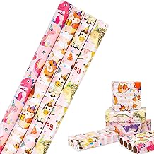HBell Animal Birthday Wrapping Paper, 4 Rolls, 43cm x 3m, Kids Wrap Paper for Boys & Girls Birthday Gift Wrap (Pink)