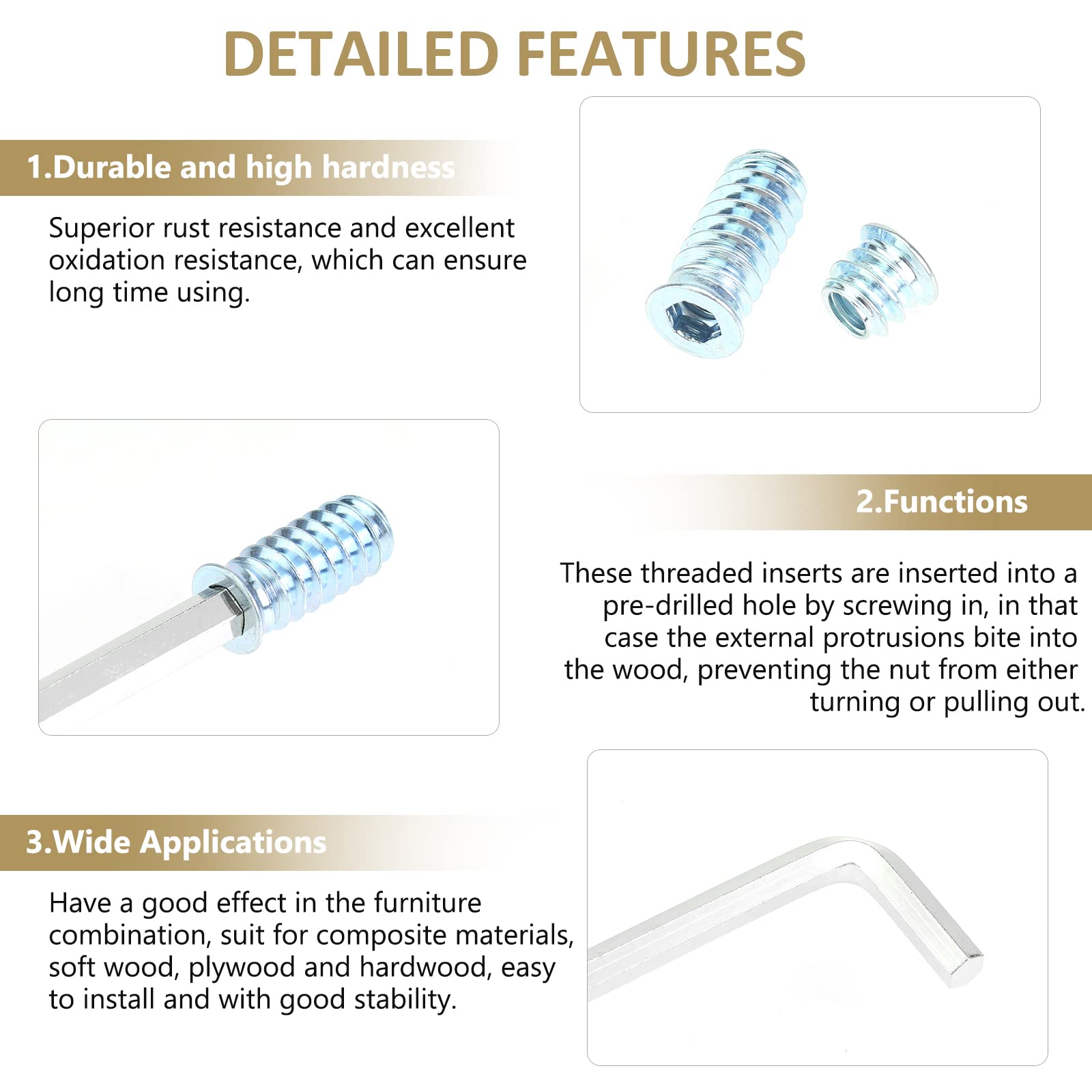 61-Piece Threaded Insert Kit For Wood – 1/4-20 Internal Thread, 10/15/20mm Lengths, Hex Drive, Carbon Steel