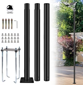 KAXIWEI Street Light Pole, Galvanized Heavy-Duty Metal Solar Street Lamp Post for Outdoor Adjustable Street Courtyard Porch Exterior Patio Flag Lighting Fixtures with Mounting Rebar Cage 10 Ft & 3m