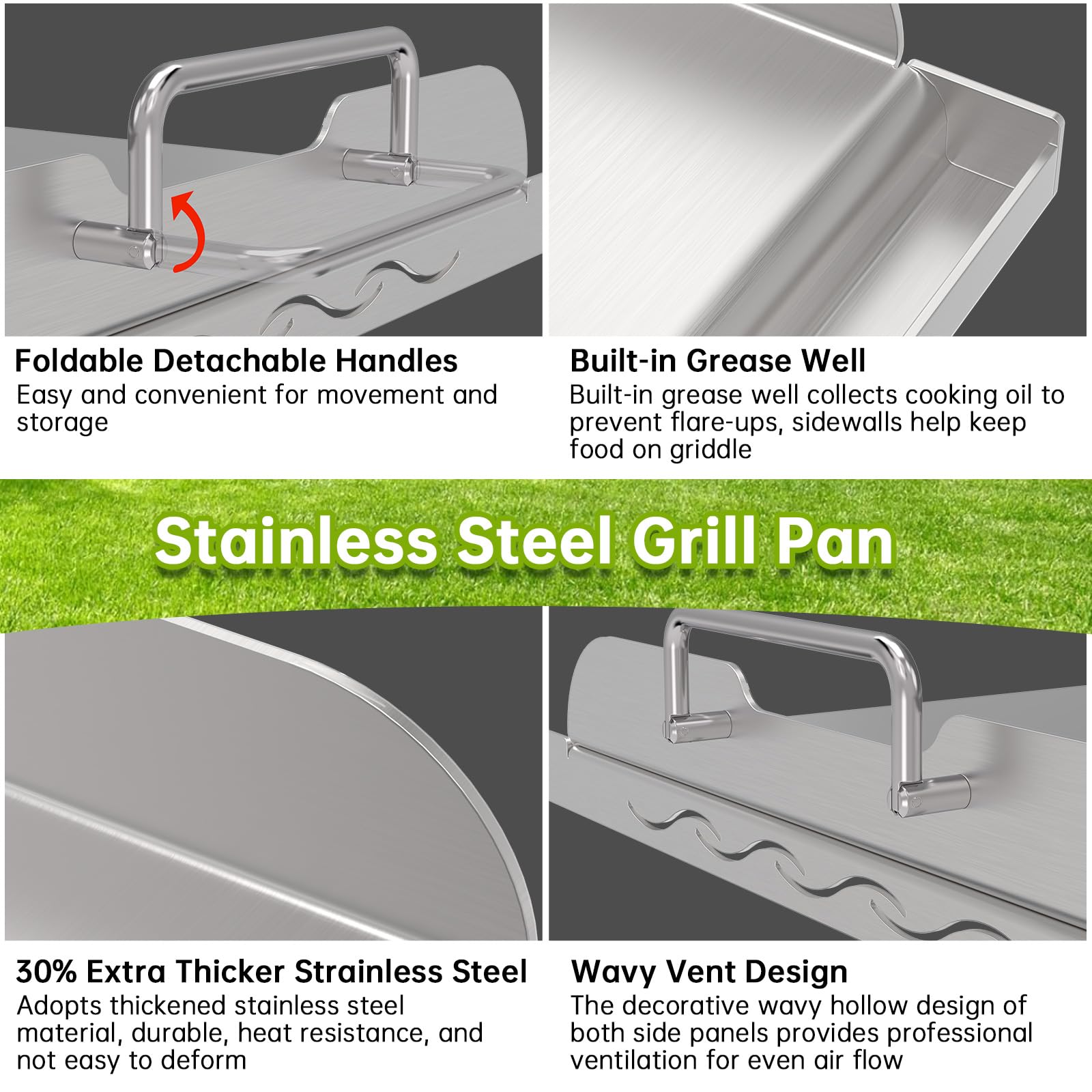 Universal Stainless Steel Griddle Flat Top Plate with Even Heating Bracing for BBQ Charcoal and Gas Grills, Camping, Tailgating, and Parties,with Grease Groove and Removable Handles (17