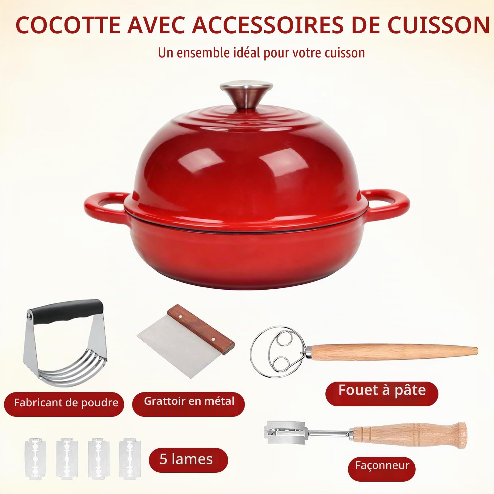 Marmite en Fonte Émaillée 5,7L Ovale, Cocotte Dutch Oven 26 cm avec Couvercle, Poignées Bois & Accessoires Pain, Tous Feux + Four jusqu’à 260°C