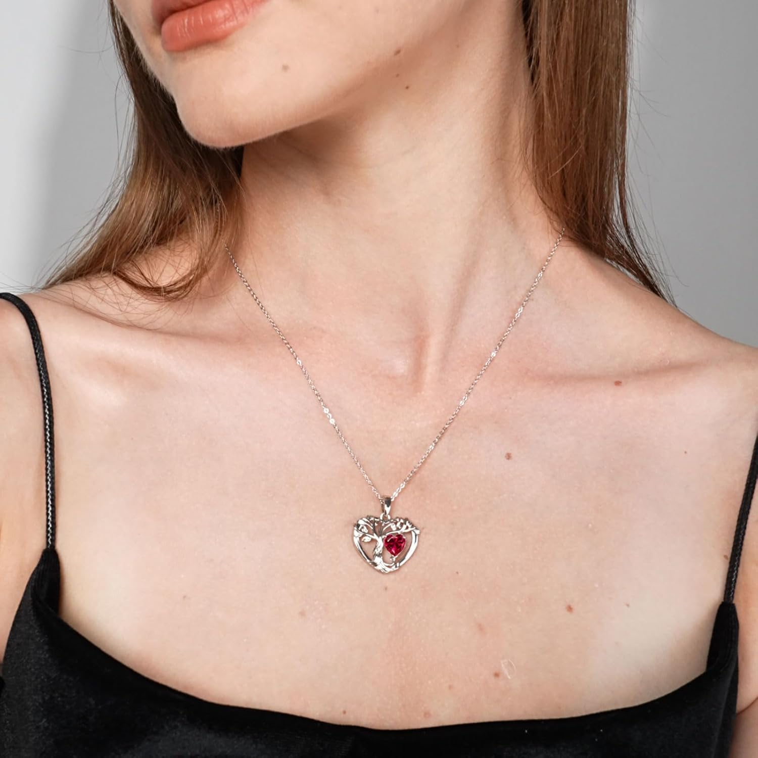 Tree of Life Necklaces for Women 925 Sterling Silver Heart Pendant Birthstone Necklace Created Gemstone Jewelry for Her, 18"+2" - Image 2