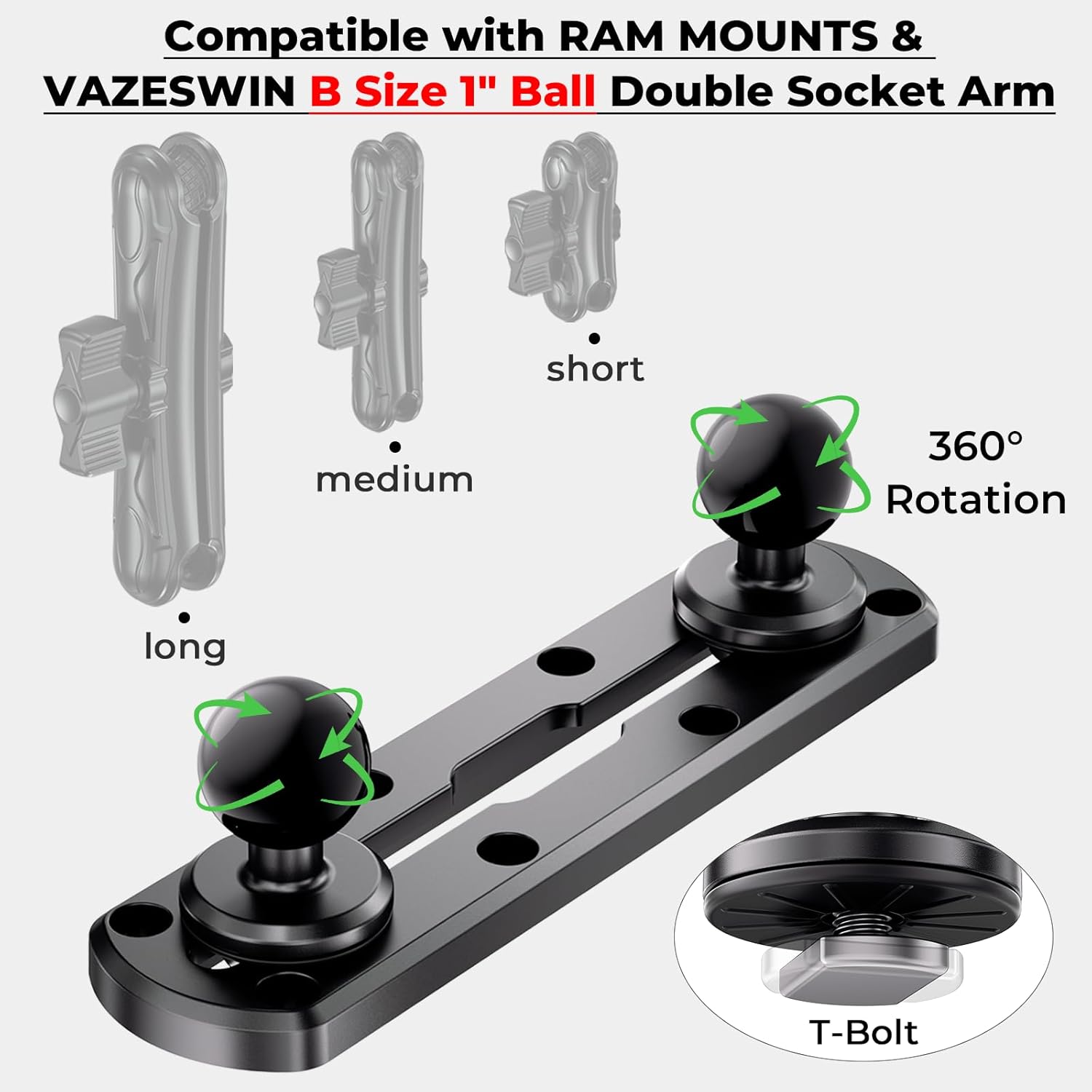 VAZESWIN 7" Track Mount with 2 PCS 1" Ball T-Bolt Base for Kayak Boat, Compatible with RAM Mounts B Size 1" Ball Double Socket Arm, for Phone Holder, Action Camera Holder, Fish Finder Mount, 10 Screws