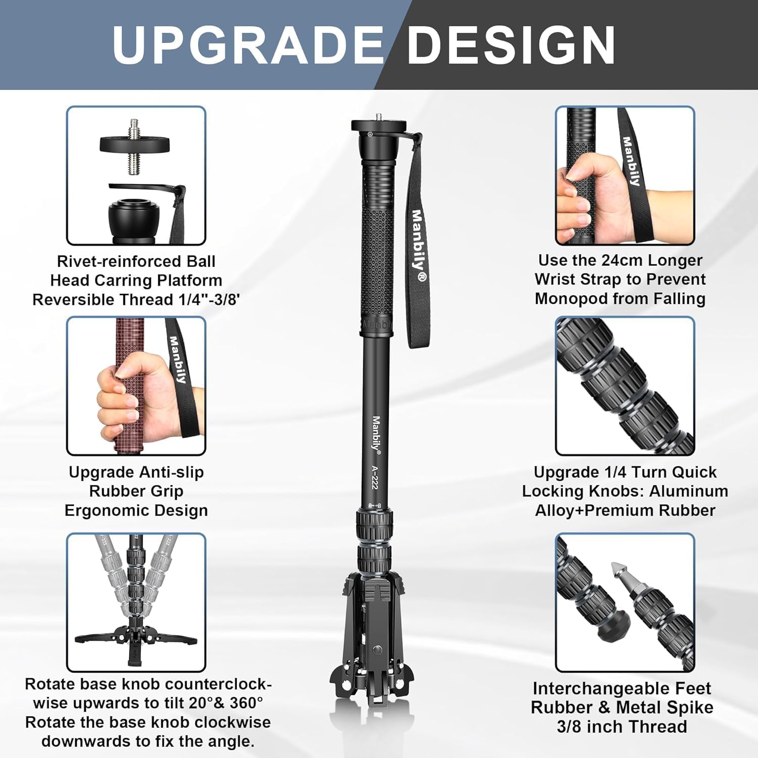 Manbily Monopods for Cameras with Feet, 5 Sections, 67'', Max Load 15.43lb, Camera Monopod Extendable Portable Travel Aluminum for DSLR Canon Nikon Sony Video Camcorder (A-222 Grey)