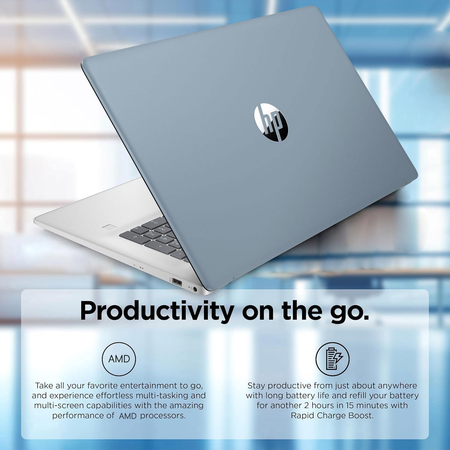 HP 17.3" Copilot AI Business Touchscreen Laptop, AMD Ryzen 6-Core 12-Thread CPU, 64GB RAM, 2TB SSD, Backlit KB, Fingerprint, Webcam, HDMI, Wi-Fi 6, Win11 Home, Blue, Bundle with ML101 Wireless Mouse