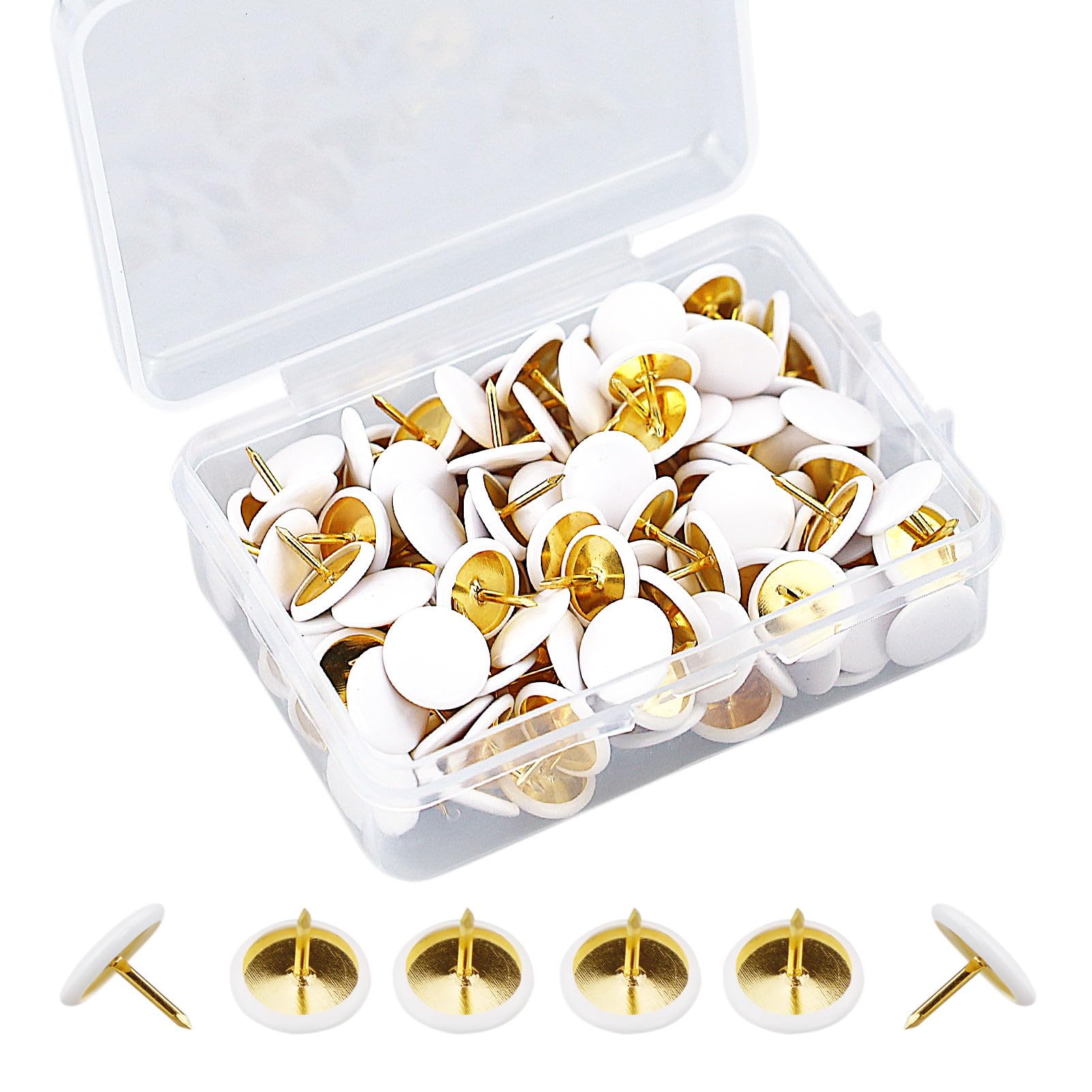 Rebecaskyens White 150 Pcs Thumb Tacks - Round Head Metal Push Pins For Map, Photo Wall, Cork Board Bulletin - Golden Steel Point Flat Pins