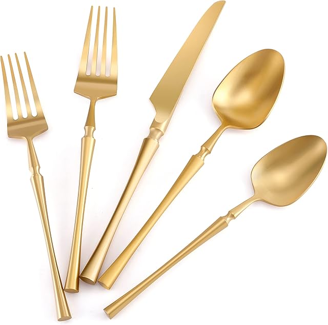 JINTUO Silverware Set Stain Flatware Set Matte Gold Stainless Steel Cutlery Set with 20 Pieces Vintage Style Utensil Service for 4,Dishwasher Safe