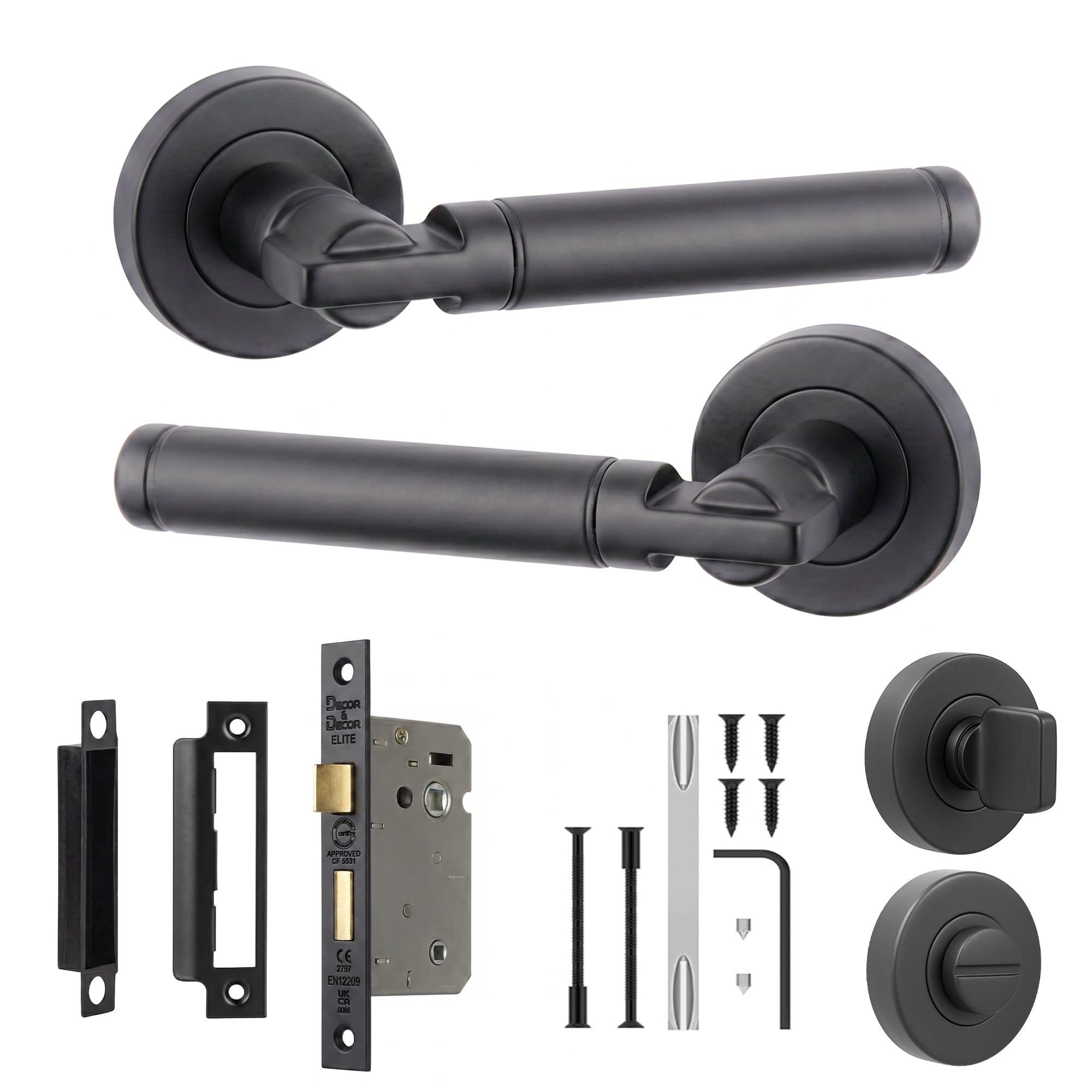 Decoranddecor Enigma Matt Black Internal Door Handles, Bathroom Kit 76mm