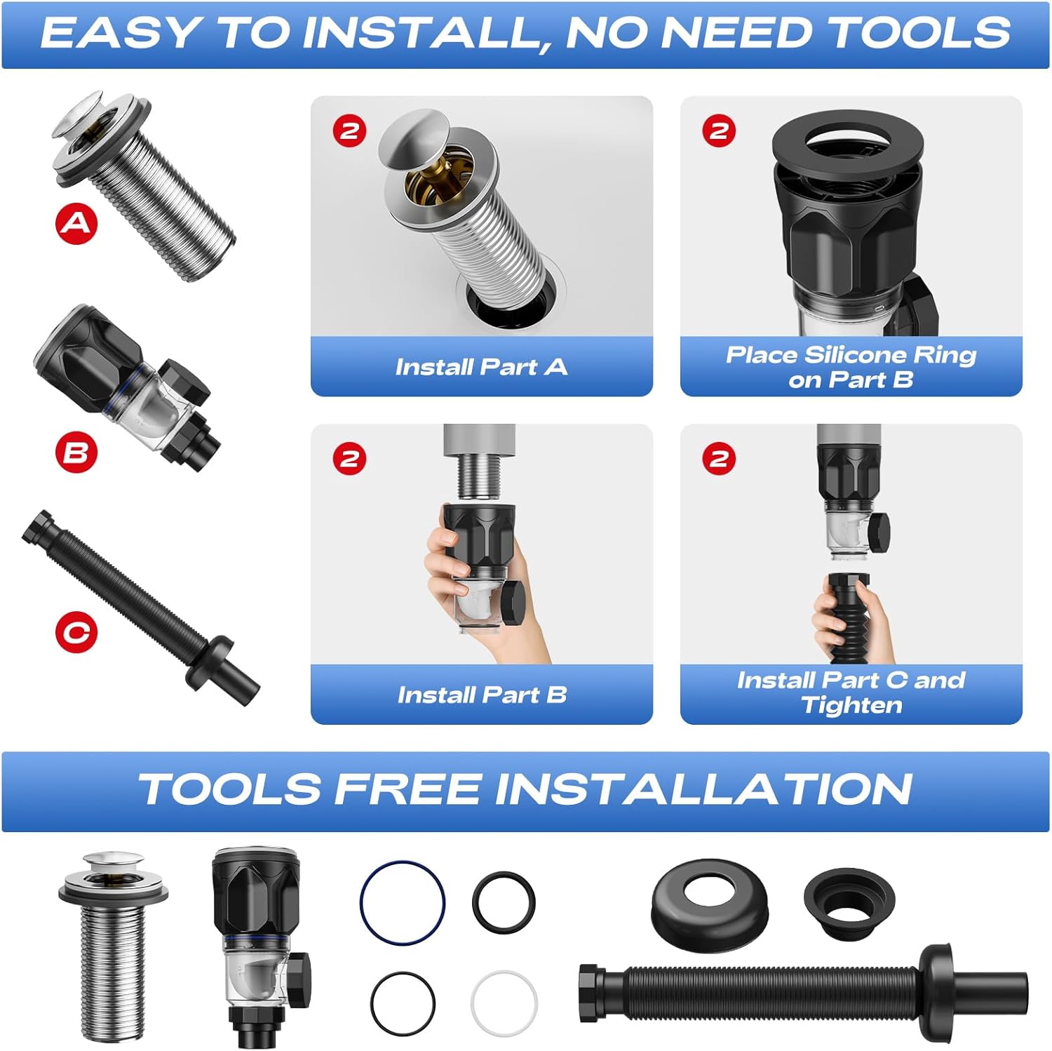 Bathroom Sink Drain Kit with Flexible Expandable P-Trap Sink Drain Pipe Tube Anti-Odor Bathroom Sink Drain Pipe for 1-1/4" and 1-1/2" Drain Hole