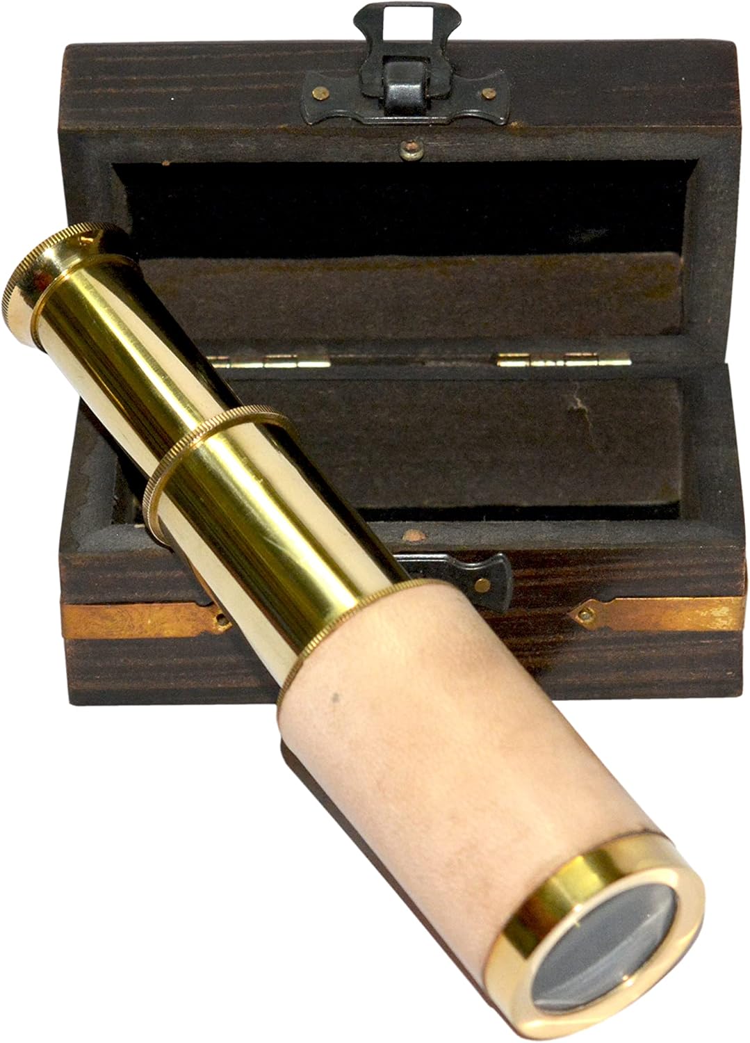 Decorative Telescope Antique Brass 6" Telescope Pirate Spyglass Scope Telescope White Leather with Wooden Box Collectible Nautical Telescope by