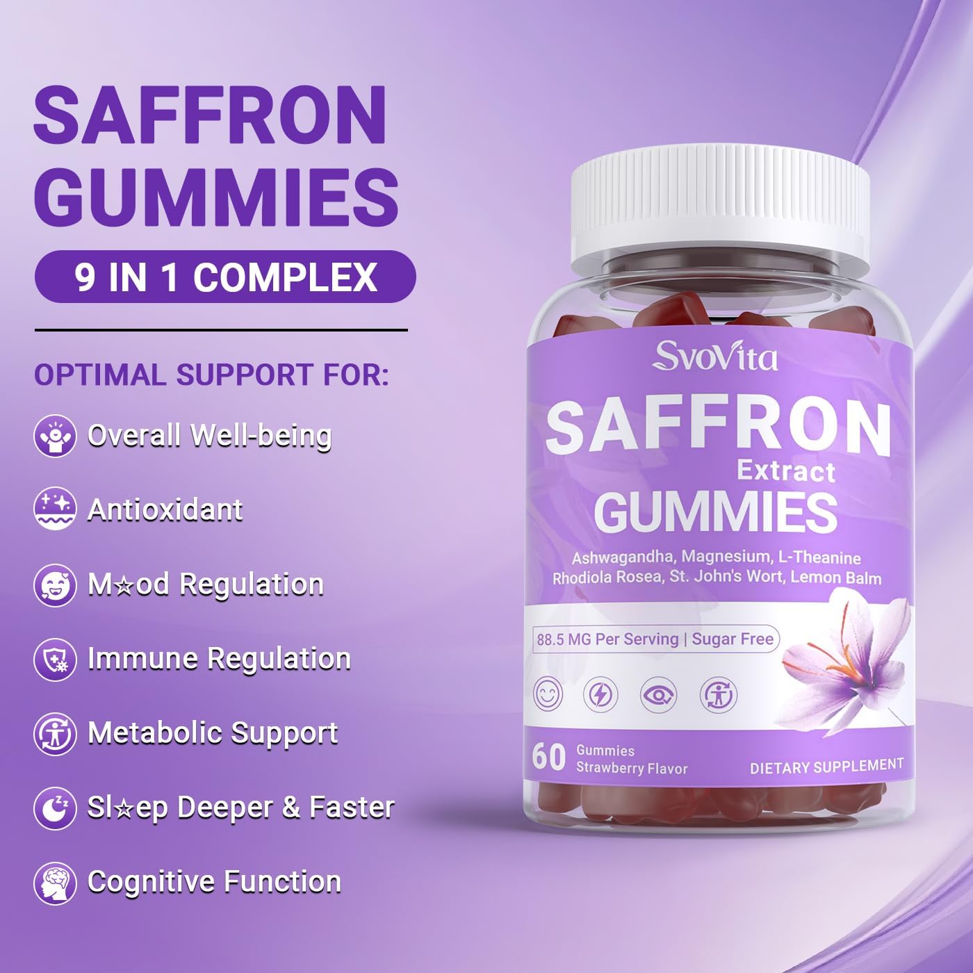 Saffron Gummies Supplements with 88.5 mg Saffron Extract, Magnesium Glycinate, L-Theanine, Ashwagandha, Rhodiola Rosea, St. John’s Wort - Sugar Free 120 Count