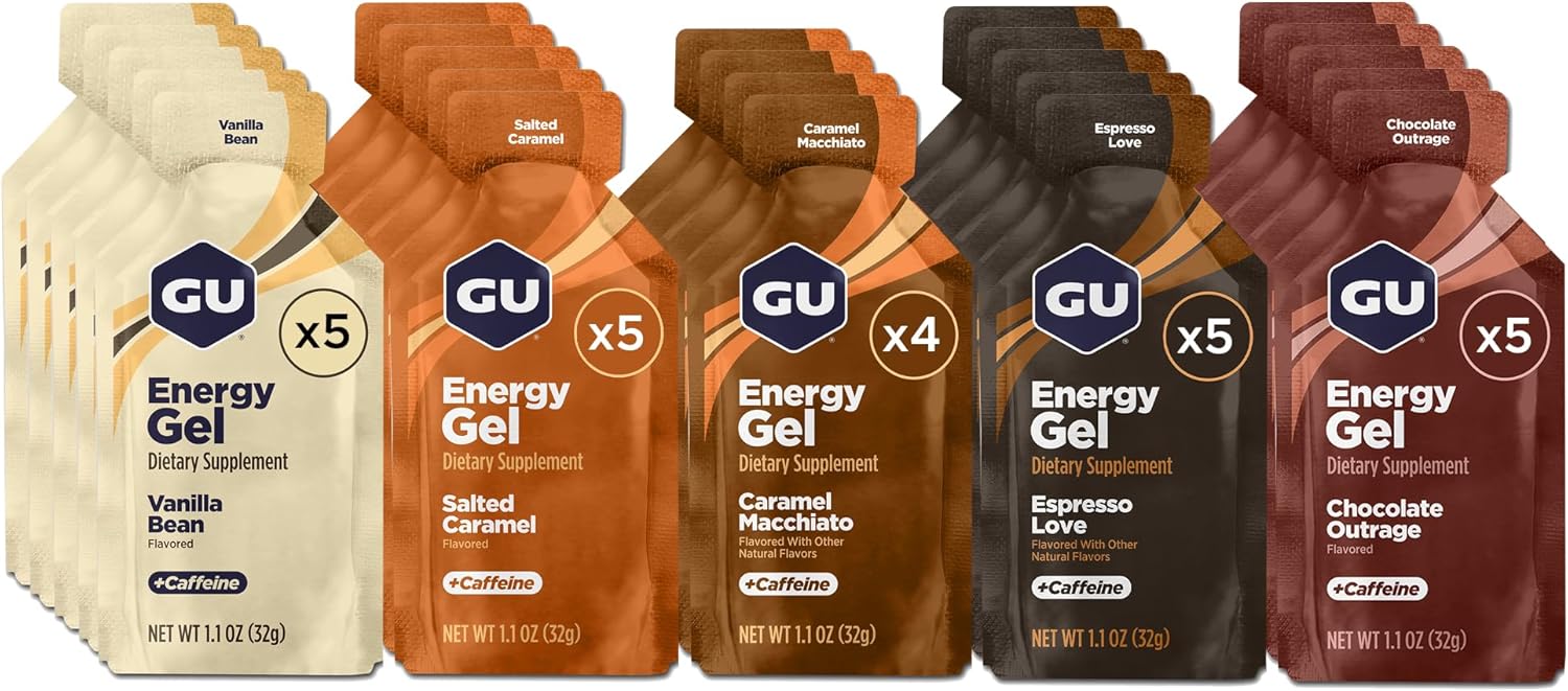 GU Energy Original Sports Nutrition Energy Gel, Vegan, Gluten-Free, Kosher, and Dairy-Free On-the-Go Energy for Any Workout, 24-Count, Assorted Indulgent Flavors