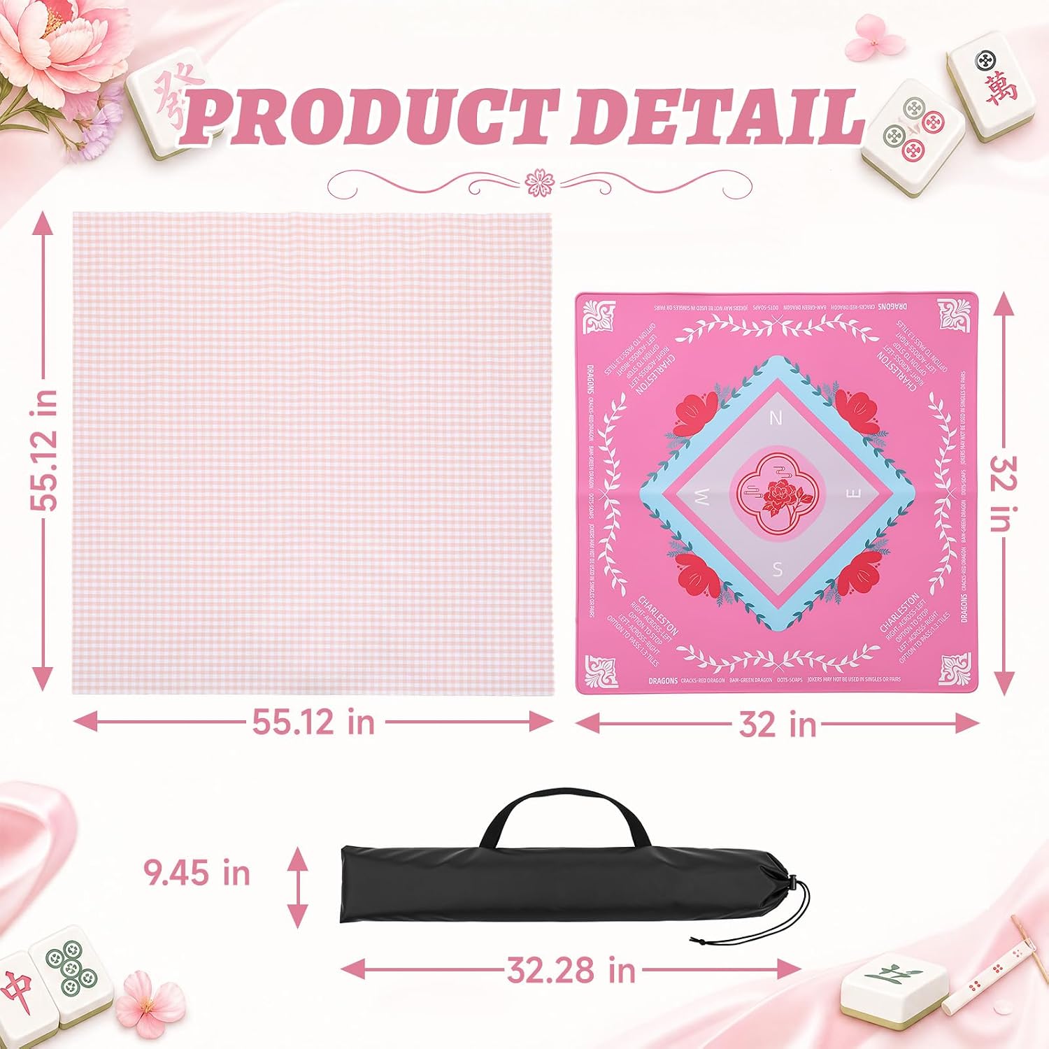 Pink Mahjong Mat with Checkered Tablecloth and Storage Bag 32 x 32 Inch Floral Mahjong Mat for Table Non Slip Tablecover for Dominoes Poker Board Games Card Games image 2
