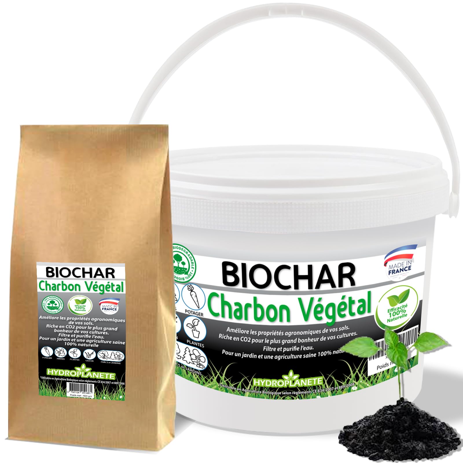 HYDROPLANETE | Biochar | Carbón Vegetal | Cubo de carbón de hierba 400 g, 1 kg, 2 kg, 25 kg | Para jardines y agricultura saludable, orgánico, 100 % natural (1kg)