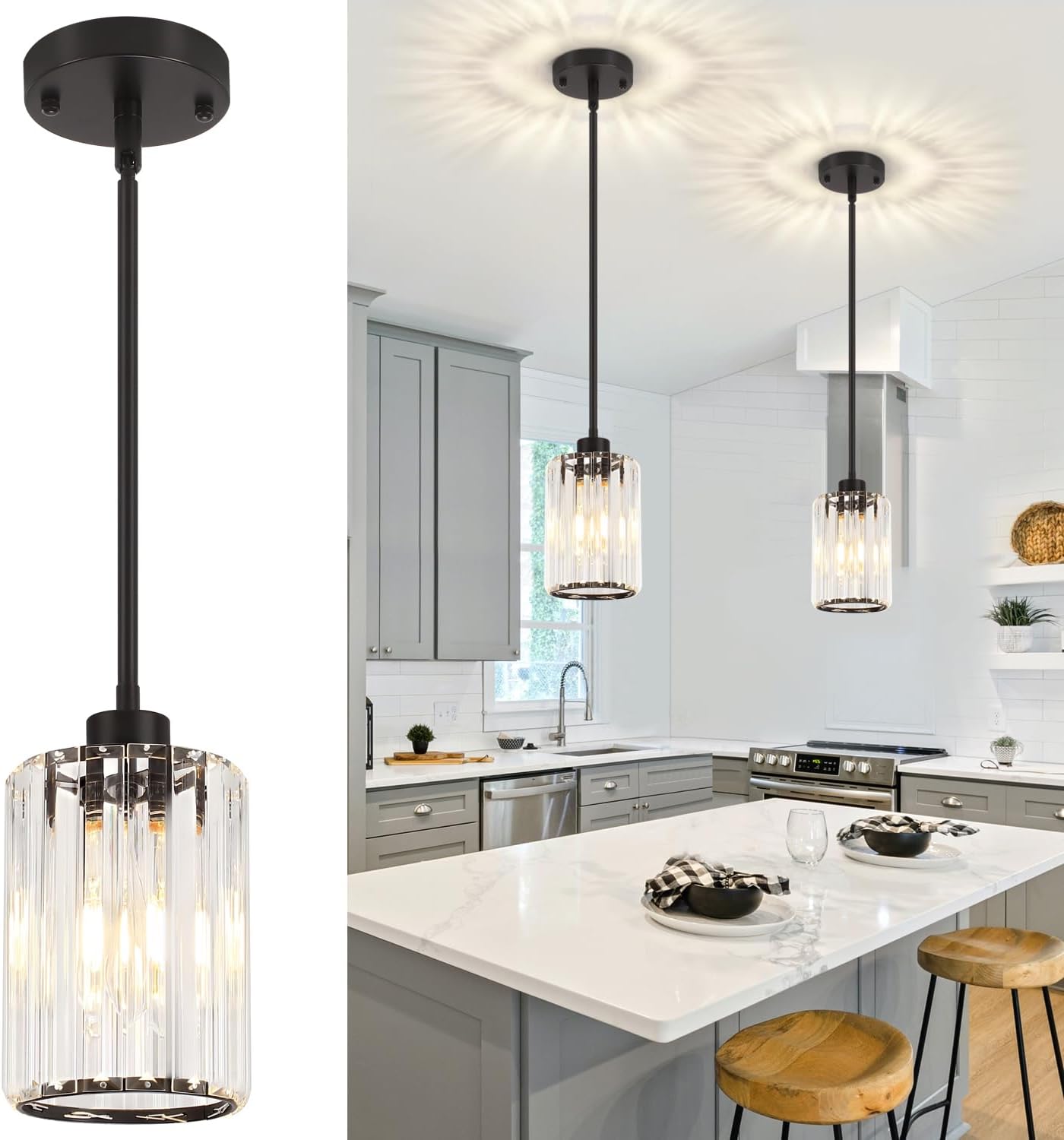 (Incomplete)2 Pack Crystal Pendant Lights Kitchen Island, Modern Black Mini Pendant Light Fixture Chandelier Kitchen Ceiling Light Fixture Hanging Lighting, Dining Room Light Fixture 2-Pack Black