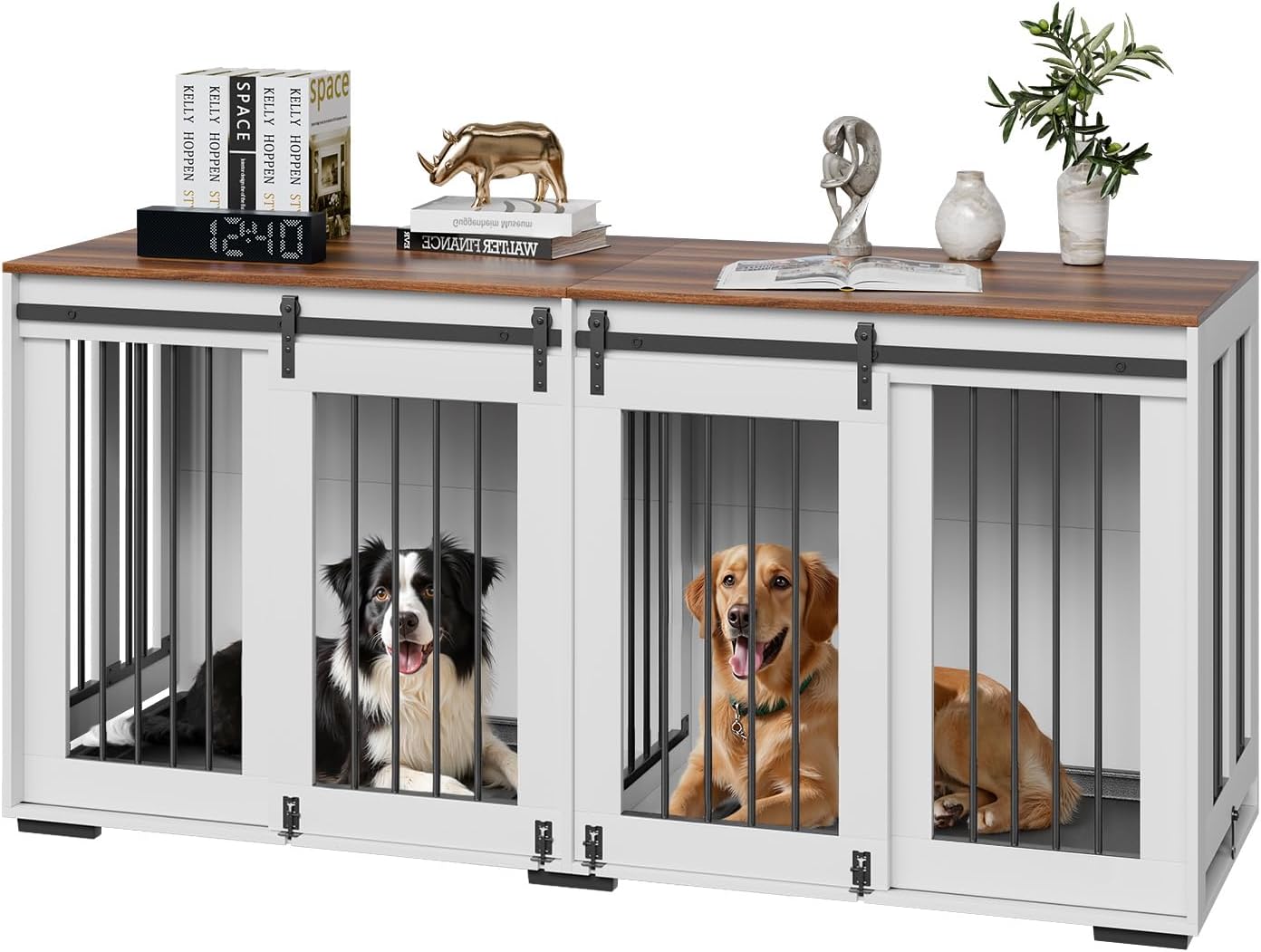 VEVOR 72"Dog Crate Furniture for 2 Dogs,Double Dog Crate Furniture with Double Sliding Doors,Large Dog Crate TV Stand with Removable Tray,Steel Frame Double Dog Crate for Small,Medium,Large Dogs White