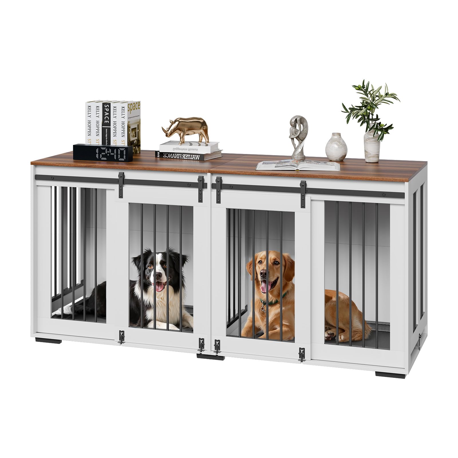 VEVOR 72"Dog Crate Furniture for 2 Dogs,Double Dog Crate Furniture with Double Sliding Doors,Large Dog Crate TV Stand with Removable Tray,Steel Frame