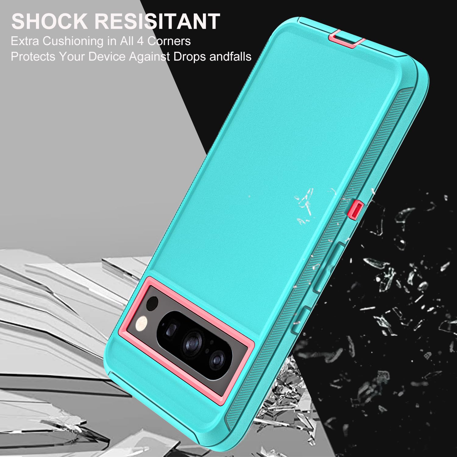 YKHJKLEC Funda para Google Pixel 8 Pro, grado militar 3 en 1, resistente a los golpes, caídas y polvo con 2 protectores de pantalla de vidrio templado (azul aguamarina/rosa)