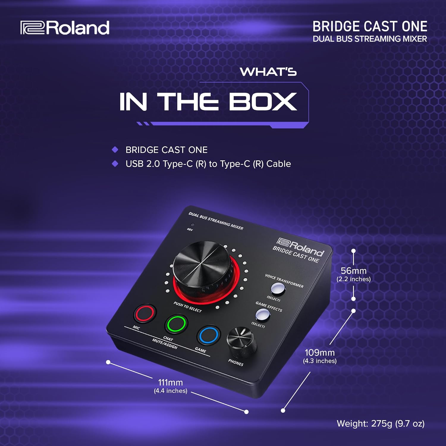 Roland BRIDGE CAST ONE Dual Bus Streaming Mixer | Compact Audio Streaming Mixer | For Online Gamers & Content Creators | 32-Bit Hardware DSP | USB-C Windows and Mac Connectivity | XLR Mic Support