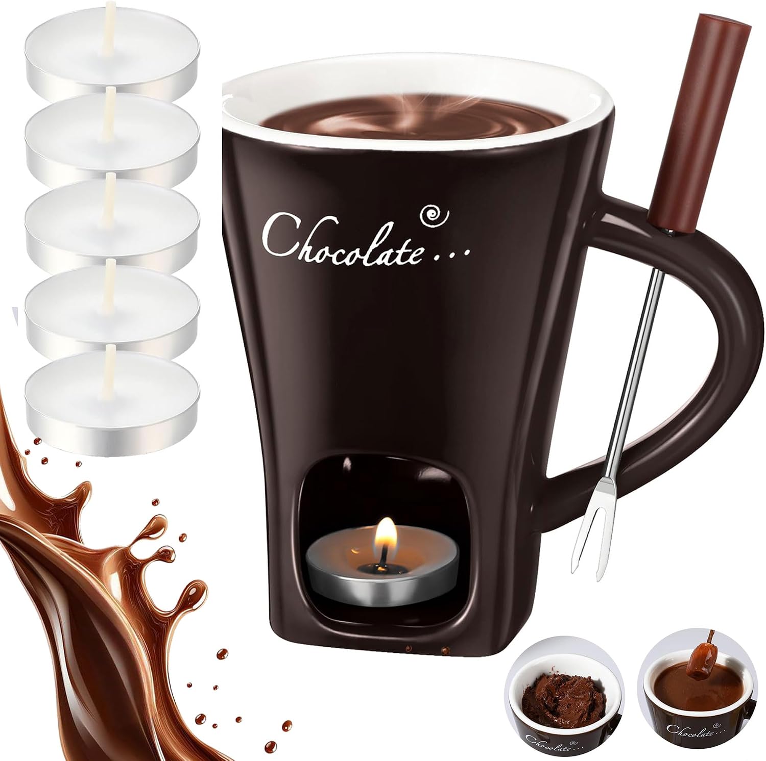 Sweet Fondue Cup and 1 Fork,Chocolate Melting Pot with 5 Candle,Chocolate Melting Cup Ideal Gifts,Coffee Fondue Mug Gift for Date Night (brown)