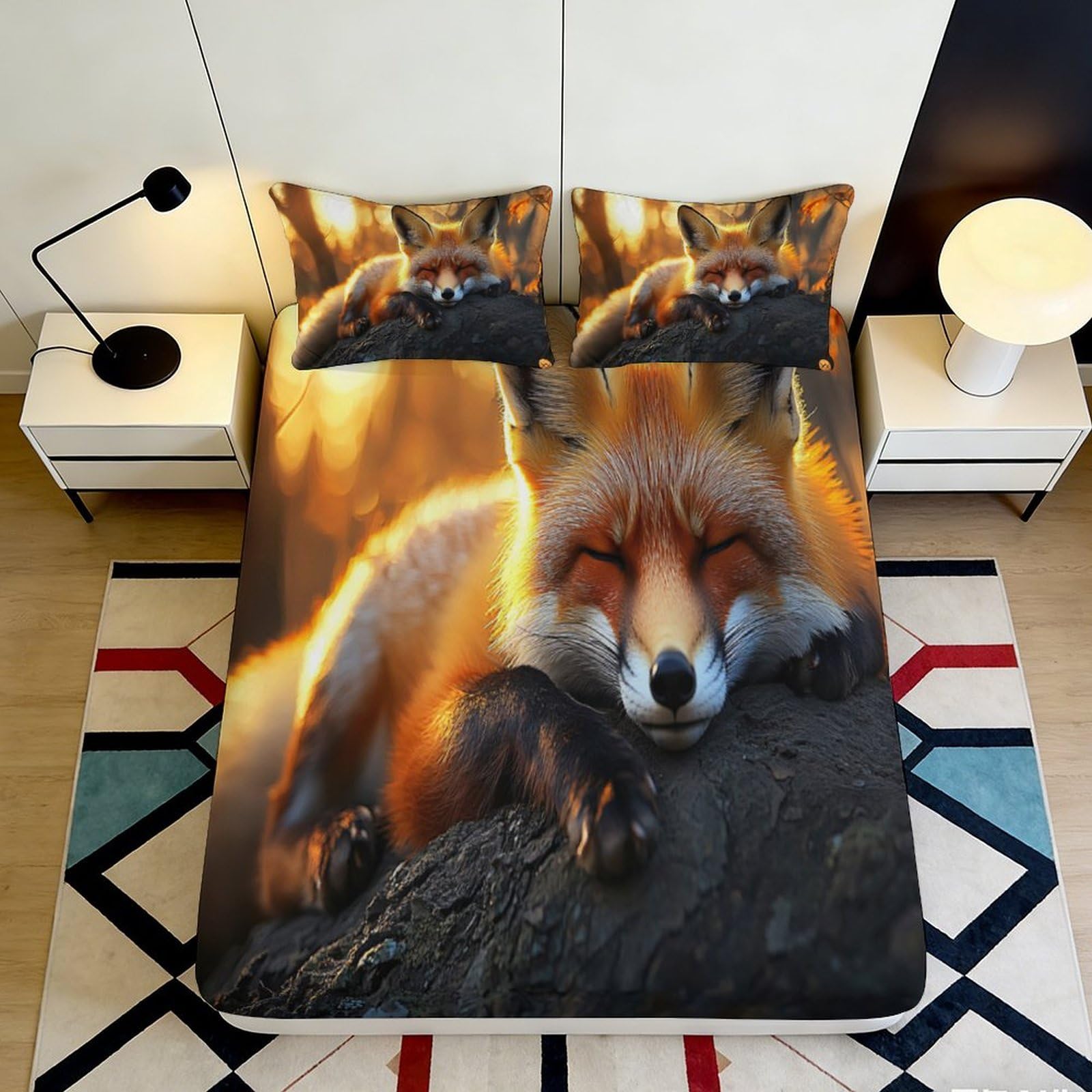Pnayamiorkfel Style-1 3D Printed Sleeping Fox Fitted Sheet Microfiber Orange Woodland Forest Mattress Cover For Bedroom Dorm Decor 90X200x25cm
