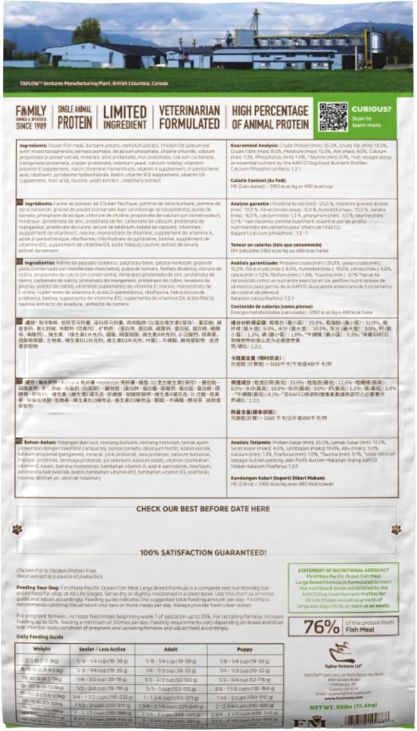 FirstMate Pet Foods Dry Dog Food – Limited Ingredient Pacific Ocean Fish Meal Large Breed Formula – Grain Free Single Protein Recipe for Large & Giant Breed Puppies –25 lb Bag