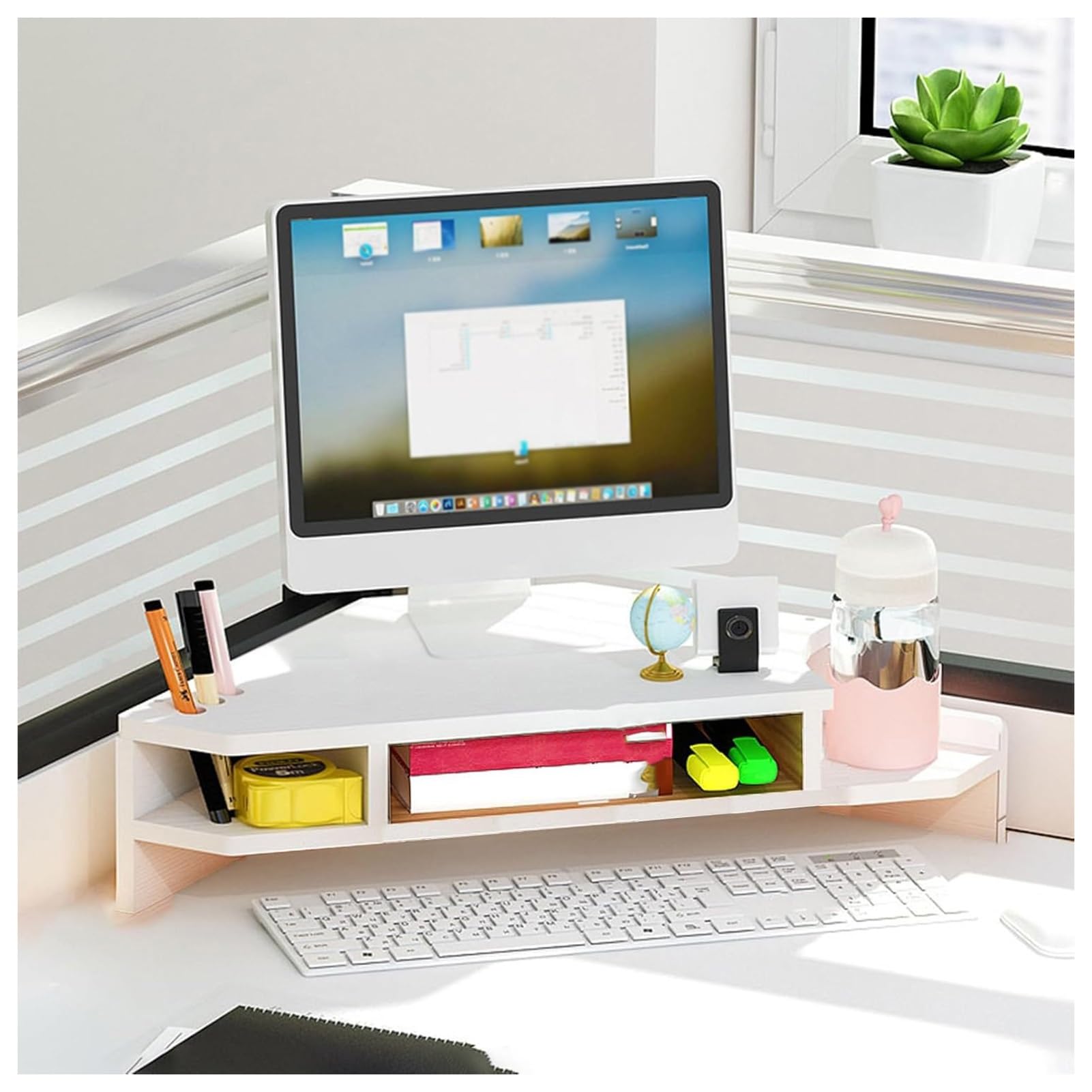 Supporto angolare bianco per computer, triangolare, per scrivania, per ufficio, scrivania, con spazio di archiviazione in legno
