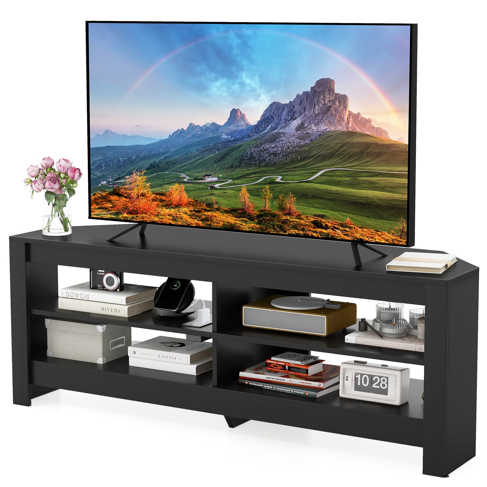COSTWAY TV Stand with Charging Station for TVs up to 60", Wooden TV Cabinet Media Entertainment Center with Open Storage Shelves, 140cm Corner TV Unit Console Table for Living Room Bedroom (Black)