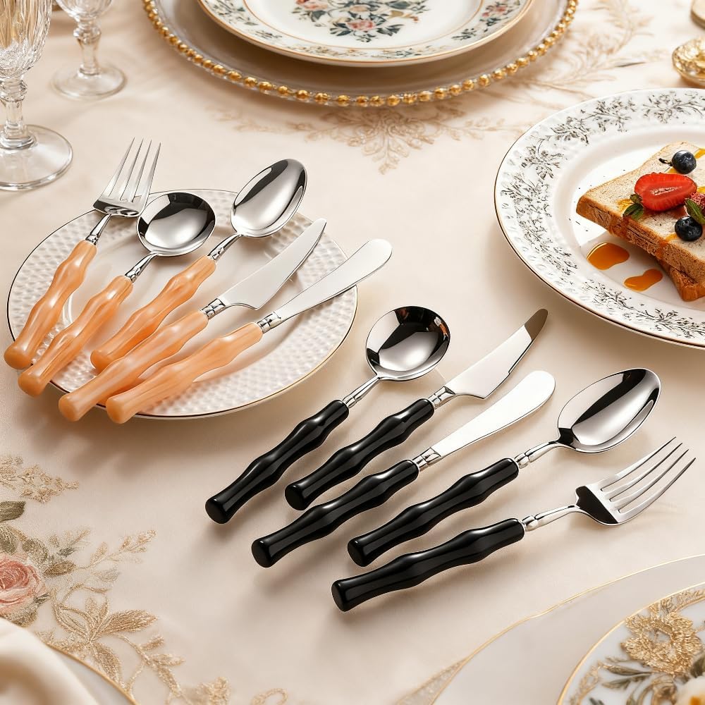 Kitchen Cutlery Set Stainless Steel Flatware Silverware Tableware Resin Handle Including Knife Fork Spoon for Dessert Fruit (12-piece set,Black)