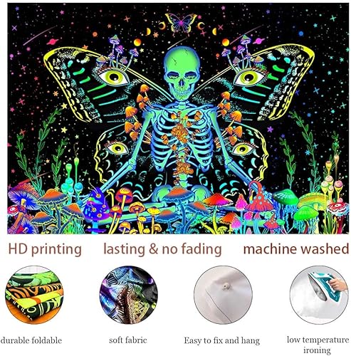 Miniatura 4 de Trippy - Tapiz de calavera negra con diseño de ojos de esqueleto de mariposa, reactivos a los rayos UV, tapiz espacial de galaxia de fantasía, tapiz