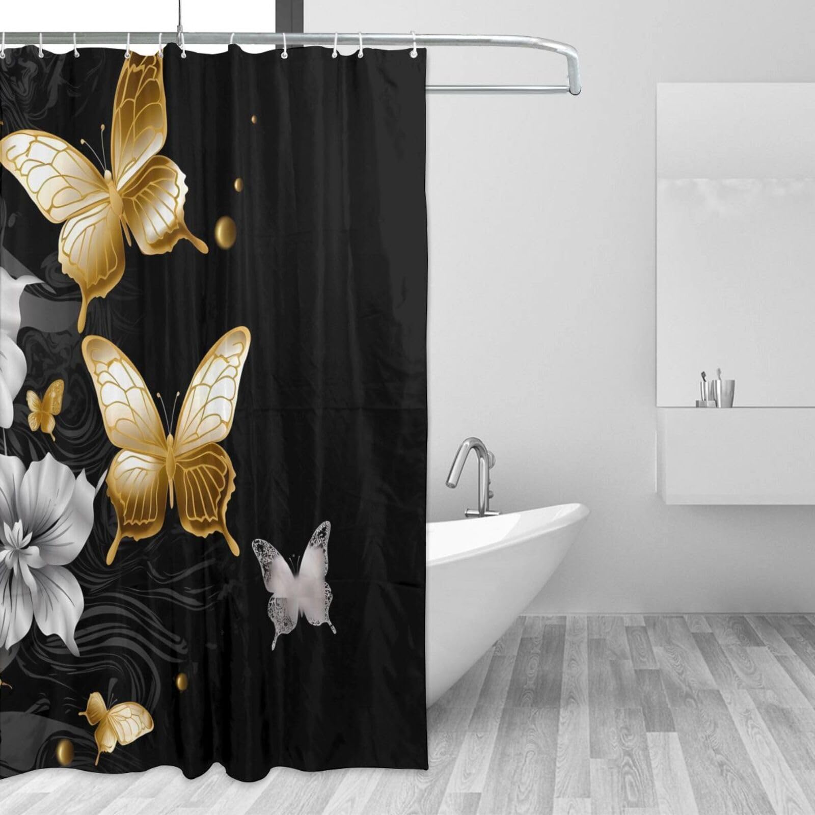 Rideau de douche imperméable papillons noirs et dorés pour salle de bain chic 183x183cm