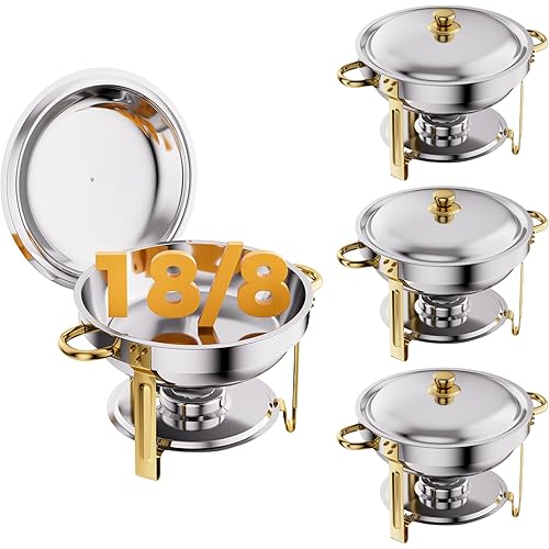Gold 4 Pack Chafing Dishes for Buffet, 18/8 (304) Stainless Steel Food Pan with Lid, 6QT Round Chafing Dish Buffet Set Food Warmer, Food Warmers for Parties Buffet Catering Events Dinners