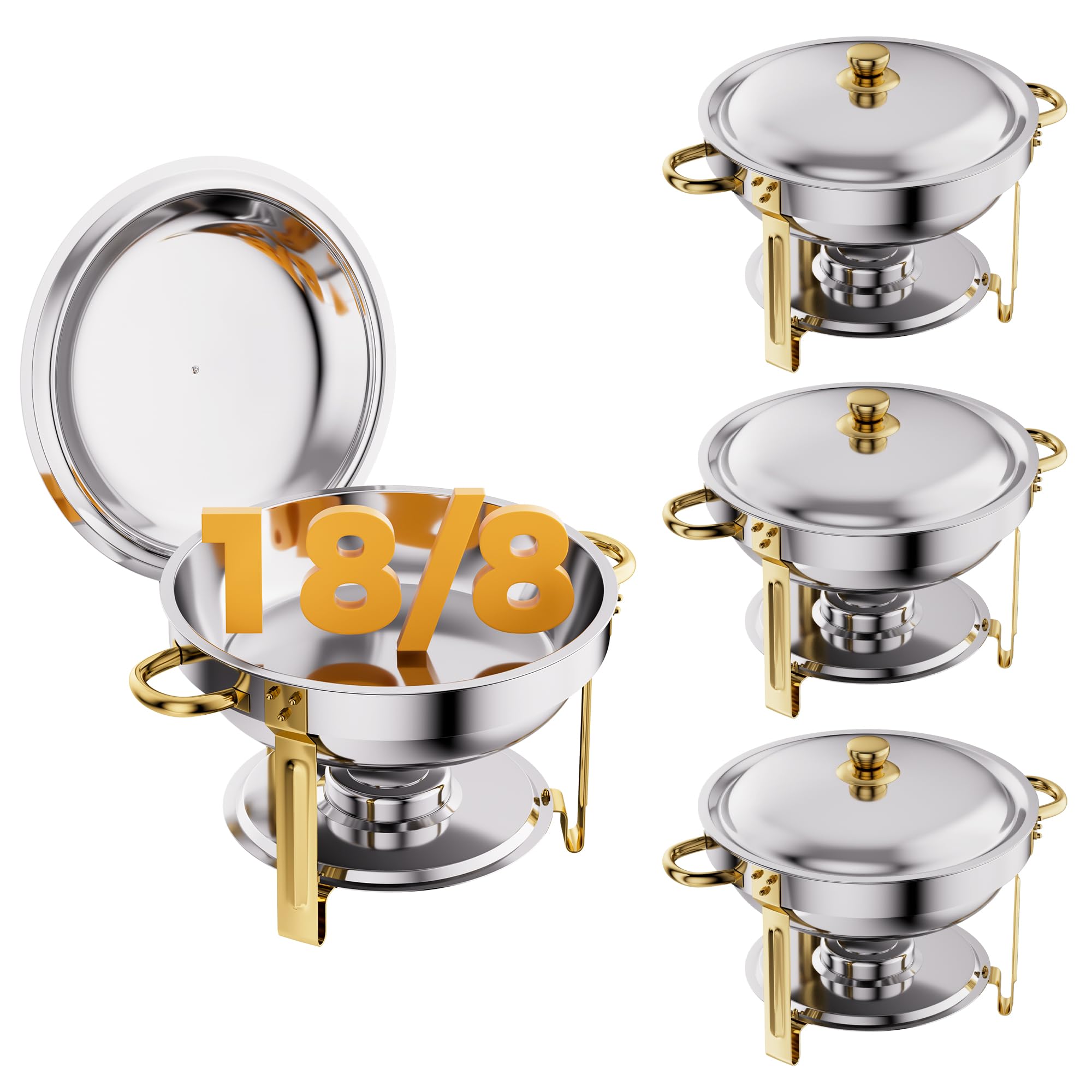 Gold 4 Pack Chafing Dishes for Buffet, 18/8 (304) Stainless Steel Food Pan with Lid, 6QT Round Chafing Dish Buffet Set Food Warmer, Food Warmers for Parties Buffet Catering Events Dinners