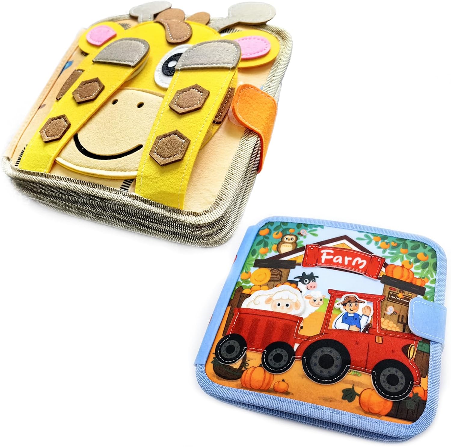 BizyKoady Montessori Busy Book Giraffe & Farm 2-in-1 Bundle, Montessori Toys, Educational Activity Book, Kids Travel Toys, Washable Felt Busy Board,Birthday Gifts