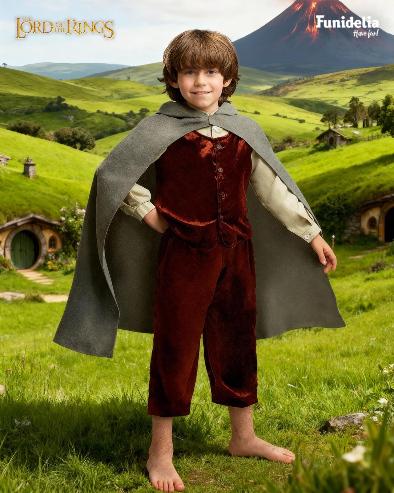 Funidelia Disfraz Oficial de Frodo - El Señor de los Anillos para niño, Incluye camisa con chaleco, pantalón, capa - Traje para niños para fiestas, Carnaval y Halloween - Talla 10-12 años