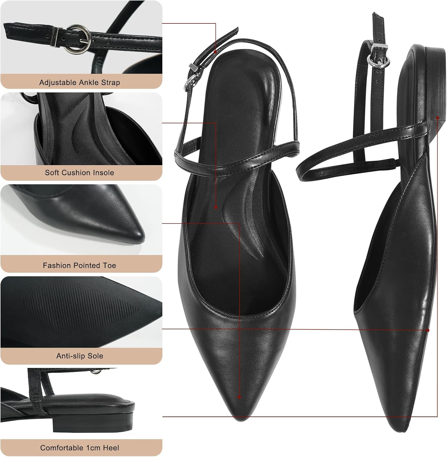 Women's Flats Shoes Slingback Flats for Women Pointed Toe PU Leather Low Heel Buckle Strap Womens Ballet Flats Classic Fashion Comfortable Dressy Shoes Casual Work Office Flat