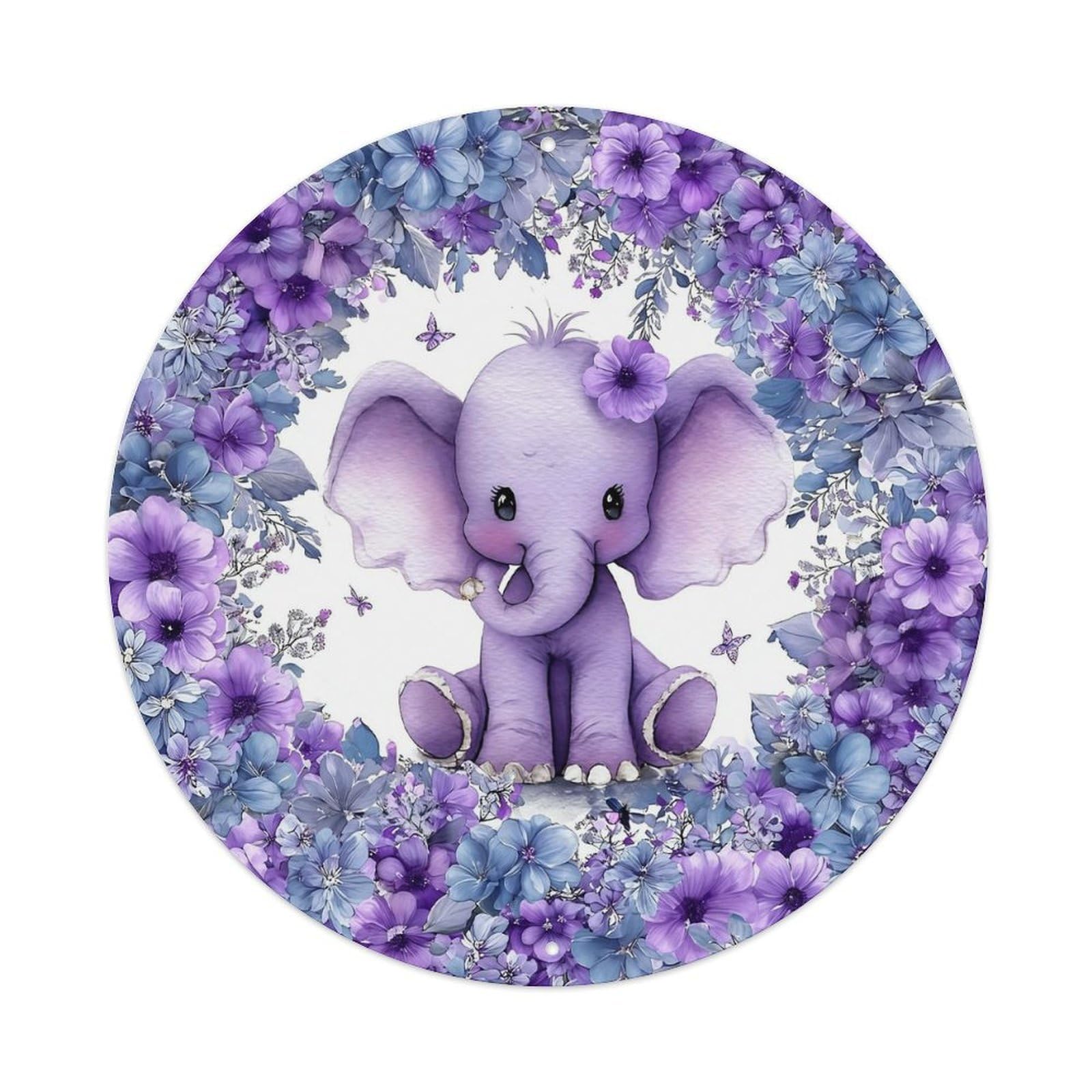 Purple Elephant Floral Wreath Design Retro Metal Tin Sign, Vintage Metal Poster for home, Gaming Room, Studio Workshop,Bar,Garage Wall Art Decor 8x8 inch