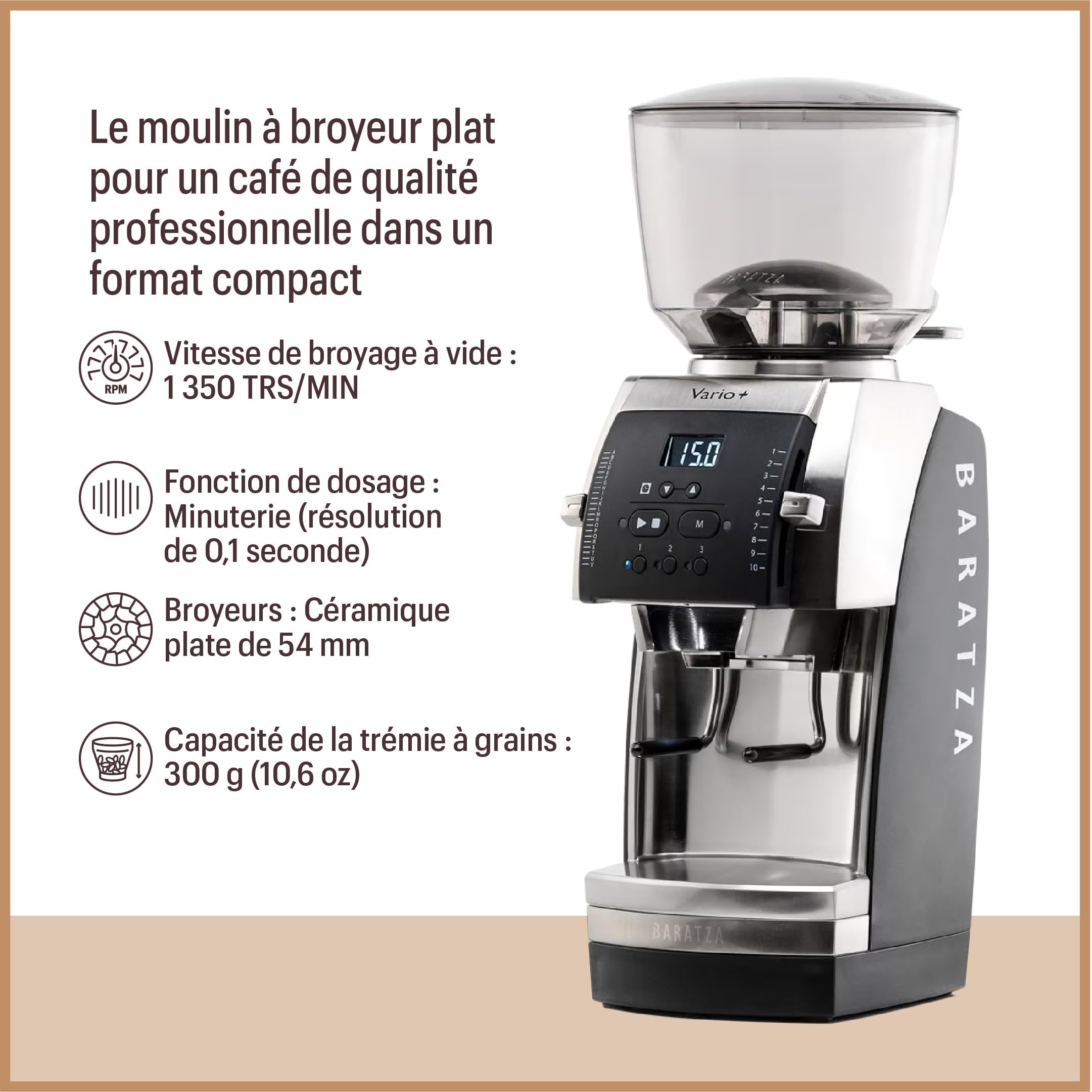 Baratza Vario+ Moulin à Café, Noir | Moulin à café électrique avec Fraises Céramiques Plates de 54mm, 22 Micro Réglages Individuels, Timer, Fonction Mémoire
