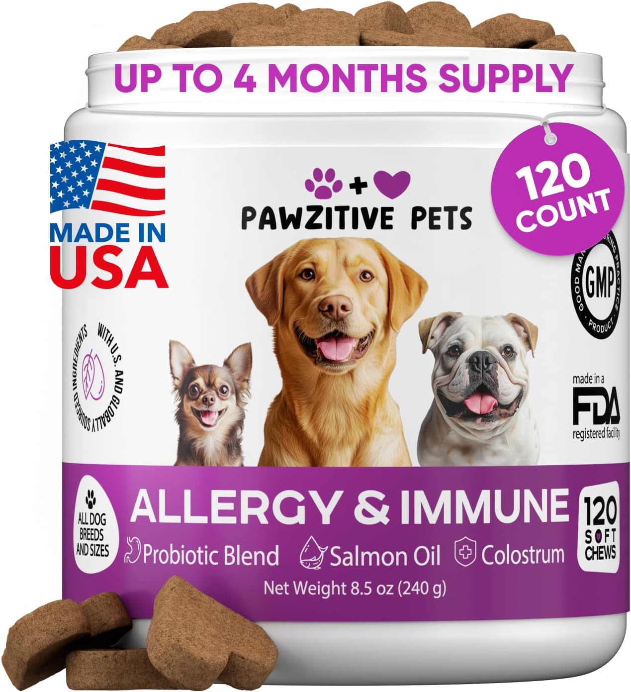 Dog Allergy Relief Chews for Itchy Skin – Seasonal and Food Allergy Chews for Shedding, Licking Paws, Hot Spot, Ears – USA Product – Omega 3 Fish Oil Skin & Coat Supplement – Anti Itch Immune Treats