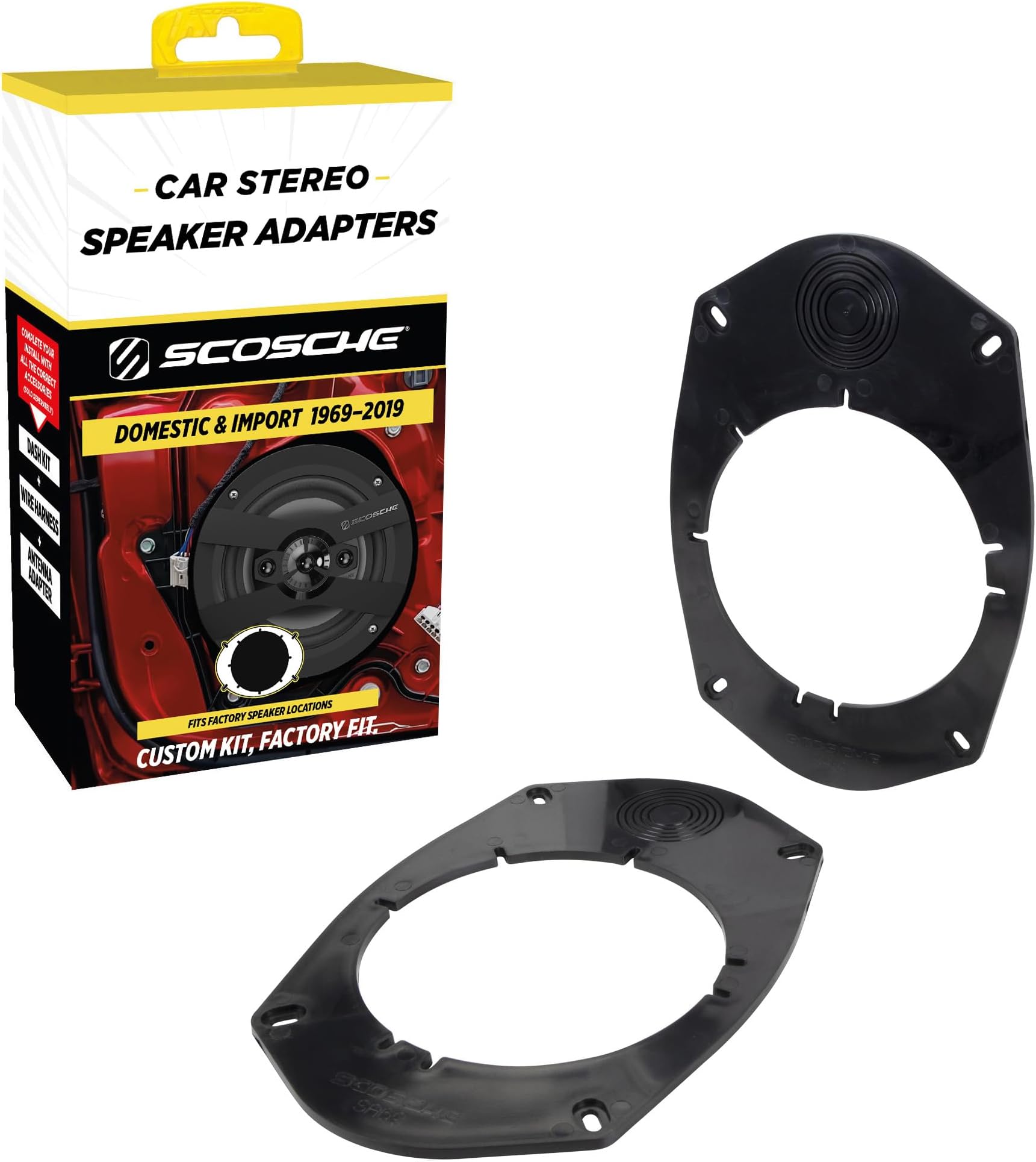 Scosche SA69 6X9" to 5.25”-6.5” Speaker Adapters Compatible with Select Import and Domestic Vehicles - 5 1/4" to 6 1/2" Adapter for Car Door Speakers - Sold in Pairs - See Guide in Image for Vehicles
