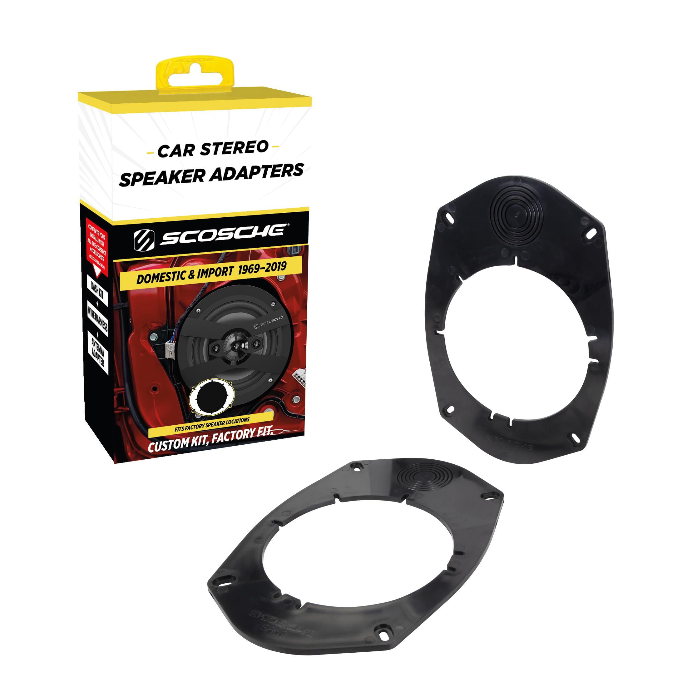 Scosche SA69 6X9" to 5.25”-6.5” Speaker Adapters Compatible with Select Import and Domestic Vehicles - 5 1/4" to 6 1/2" Adapter for Car Door Speakers - Sold in Pairs - See Guide in Image for Vehicles