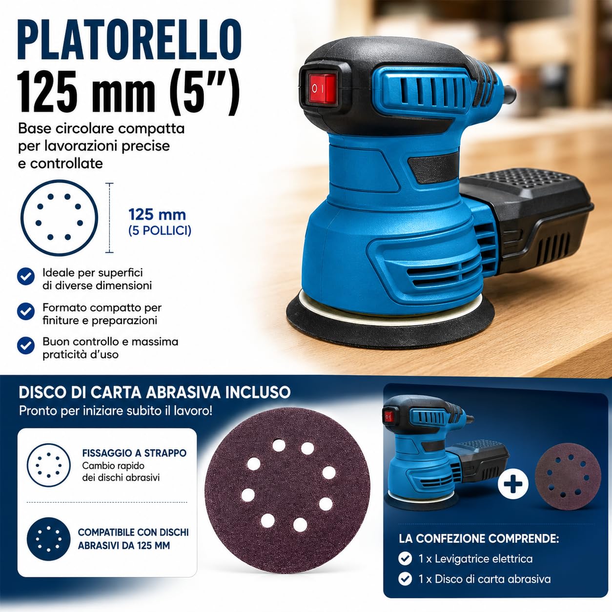 Topolenashop Levigatrice Roto Orbitale Elettrica 650W – Levigatore 125 mm 5" con Velocità Variabile, Platorello a Strappo, Contenitore Raccoglipolvere per Falegnameria | VP10502