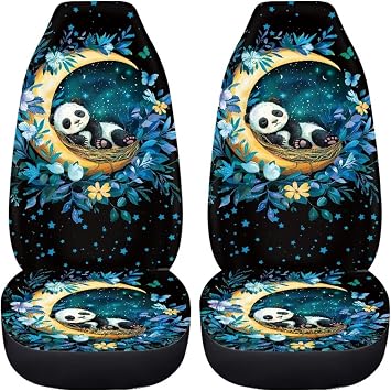 BIGCARJOB Lovely Panda Car Front Seat Cover Set for Women Ladies Auto Interior Accessories Set of 2 Pcs Cute Animal Panda Print Vehicle Seat Cushion Pads Fit Most Car, Truck, SUV