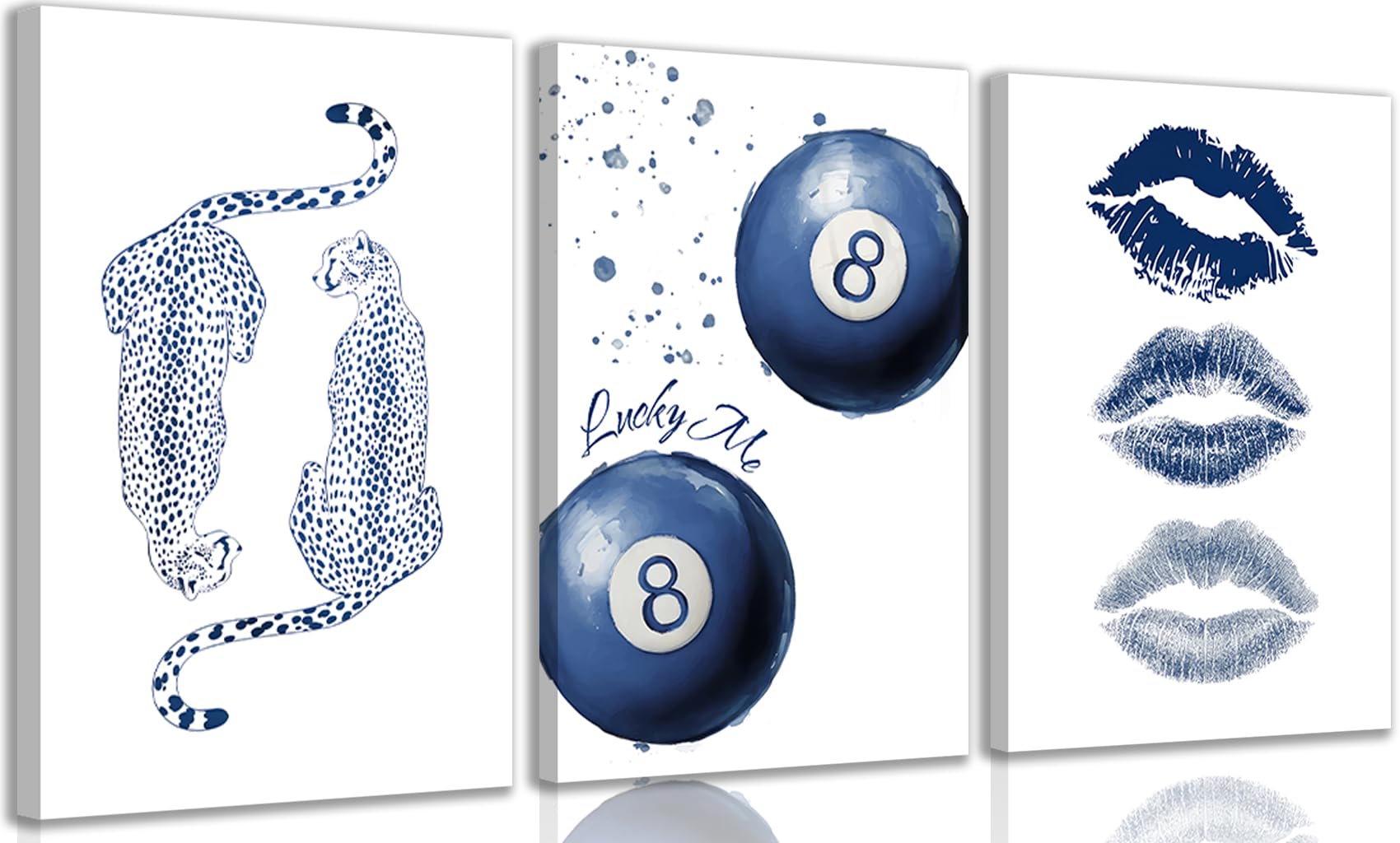 Photo 1 of 3Pcs Trendy Navy Blue Leopard Wall Art Preppy Y2K Kiss Lips Paintings Pictures Cheetah Wall Decor Vintage Lucky 8 Ball Posters Print for Girl Bedroom Living Room Dorm Offices 16x24in framed