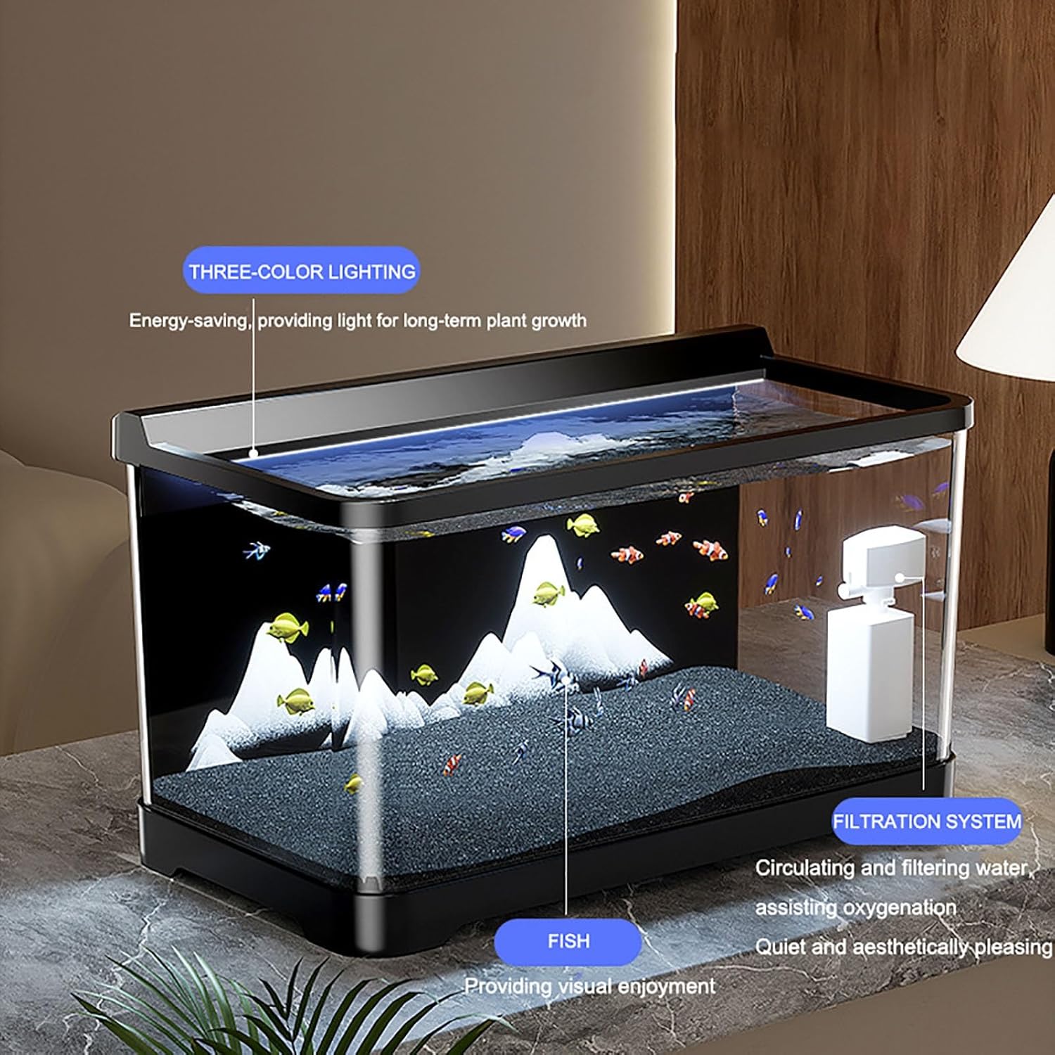 Aquarium Kit, Ultra-Clear Desktop Fish Tank with Light and Filter, Adjustable 3 Color Lighting,Perfect for Small Fish, Shrimp, Or Betta(Small)