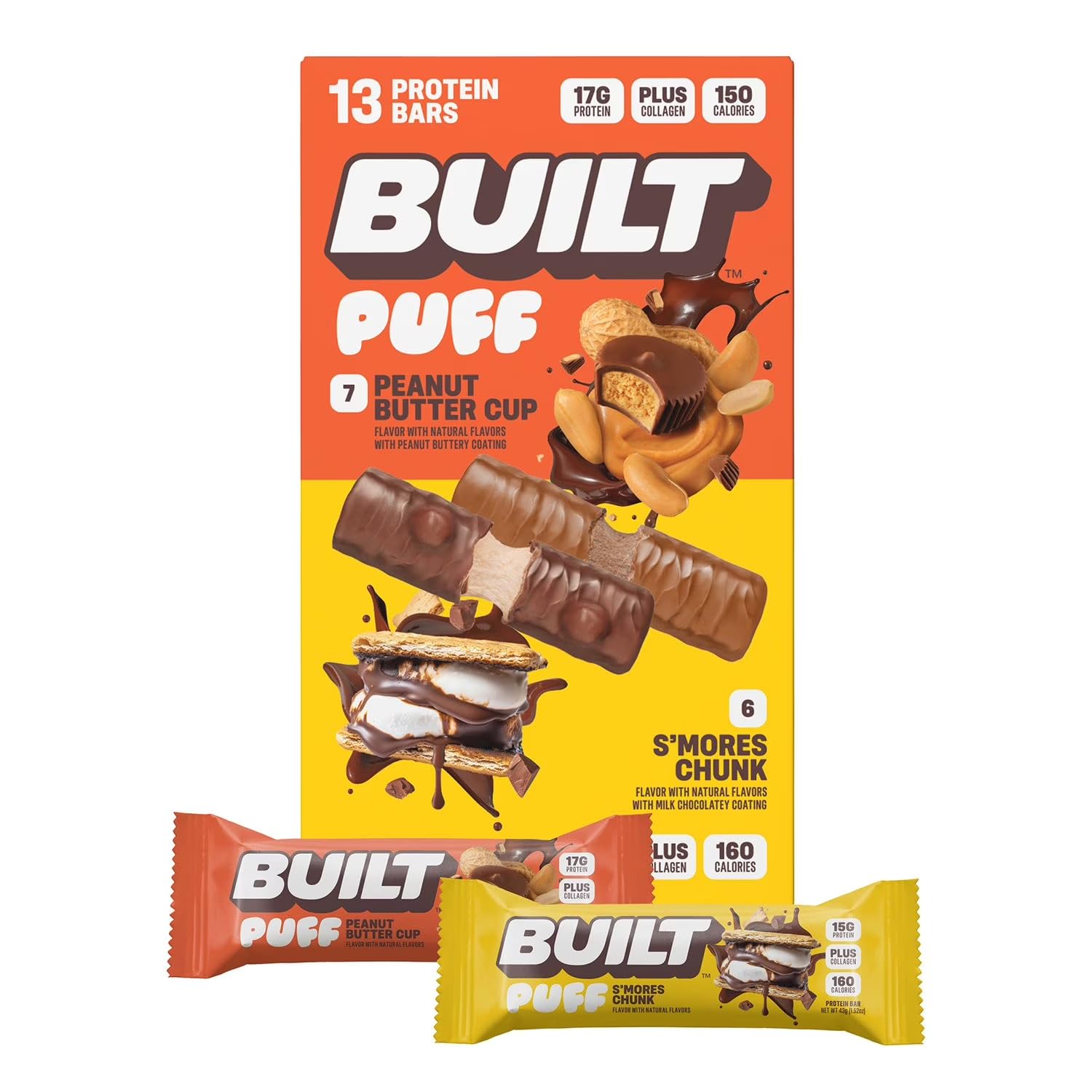 Built Bar Puff & Chunk Protein Bars, Variety Pack, 13 ct – Peanut Butter Cup & S’mores Chunk – Low-Calorie, Guilt-Free Snack